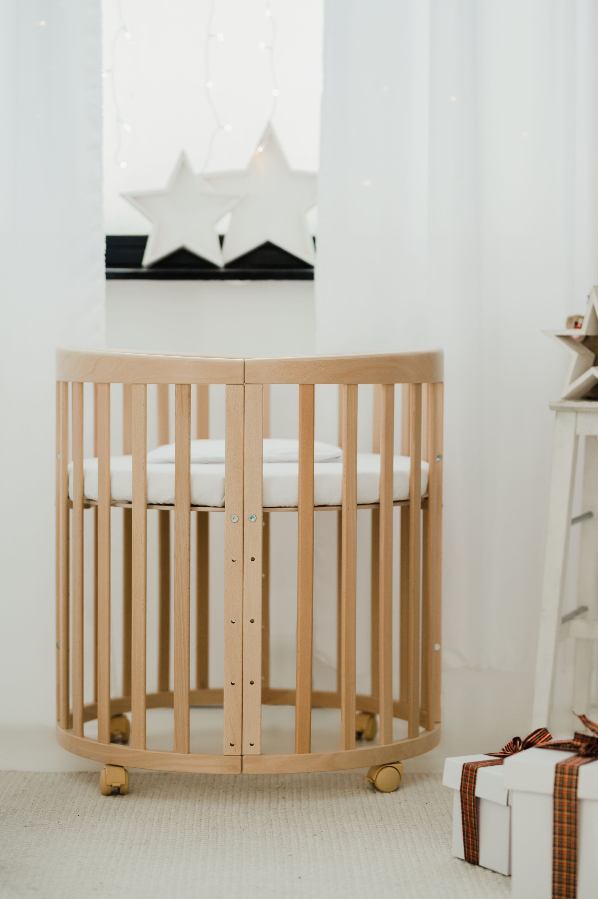 Waldin Babybett Mobiles Babybett OWAL aus Holz 7in1 mit Matratze, mitwachsend