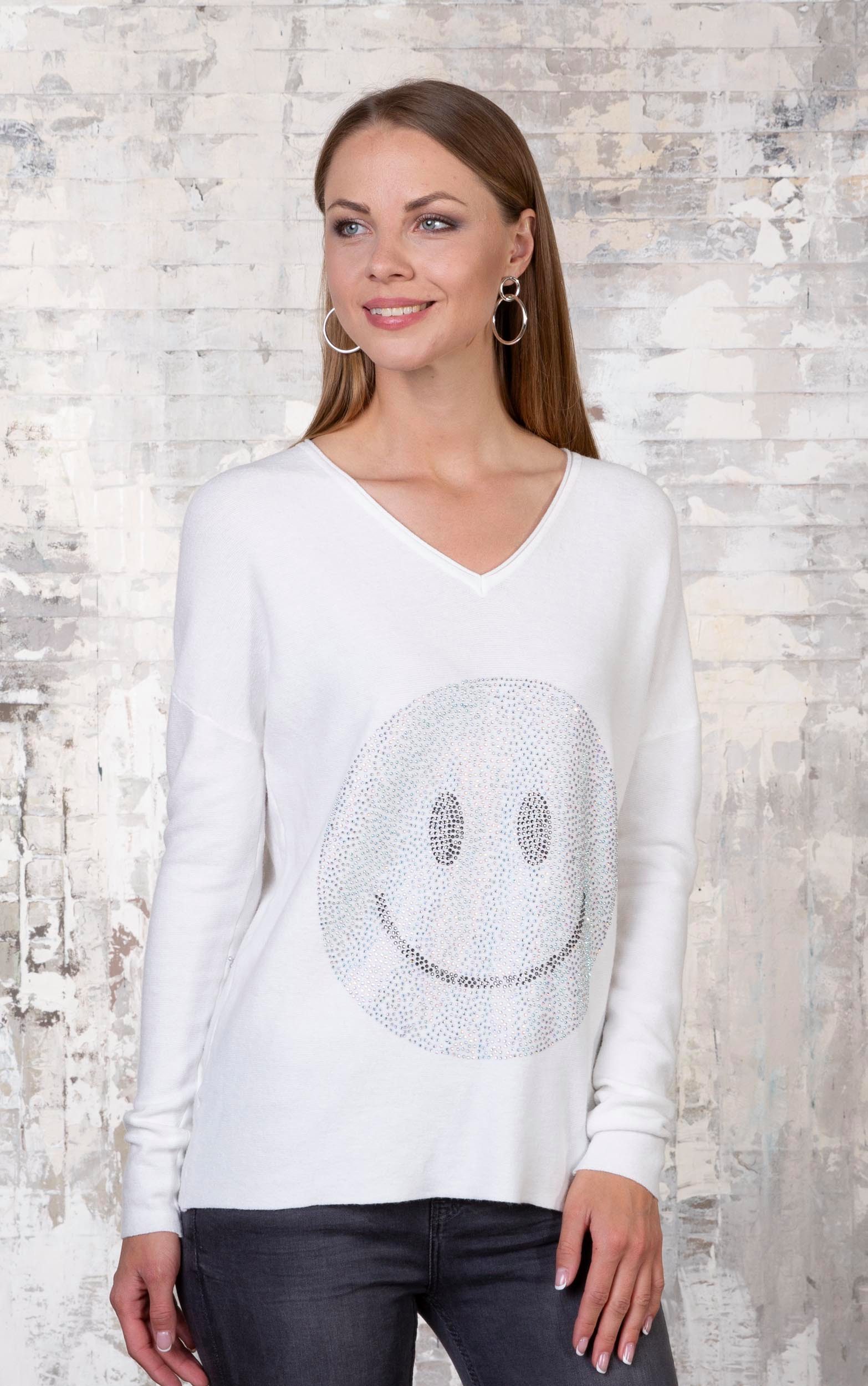 Passioni Strickpullover mit einem großen Strass-Smiley günstig online kaufen
