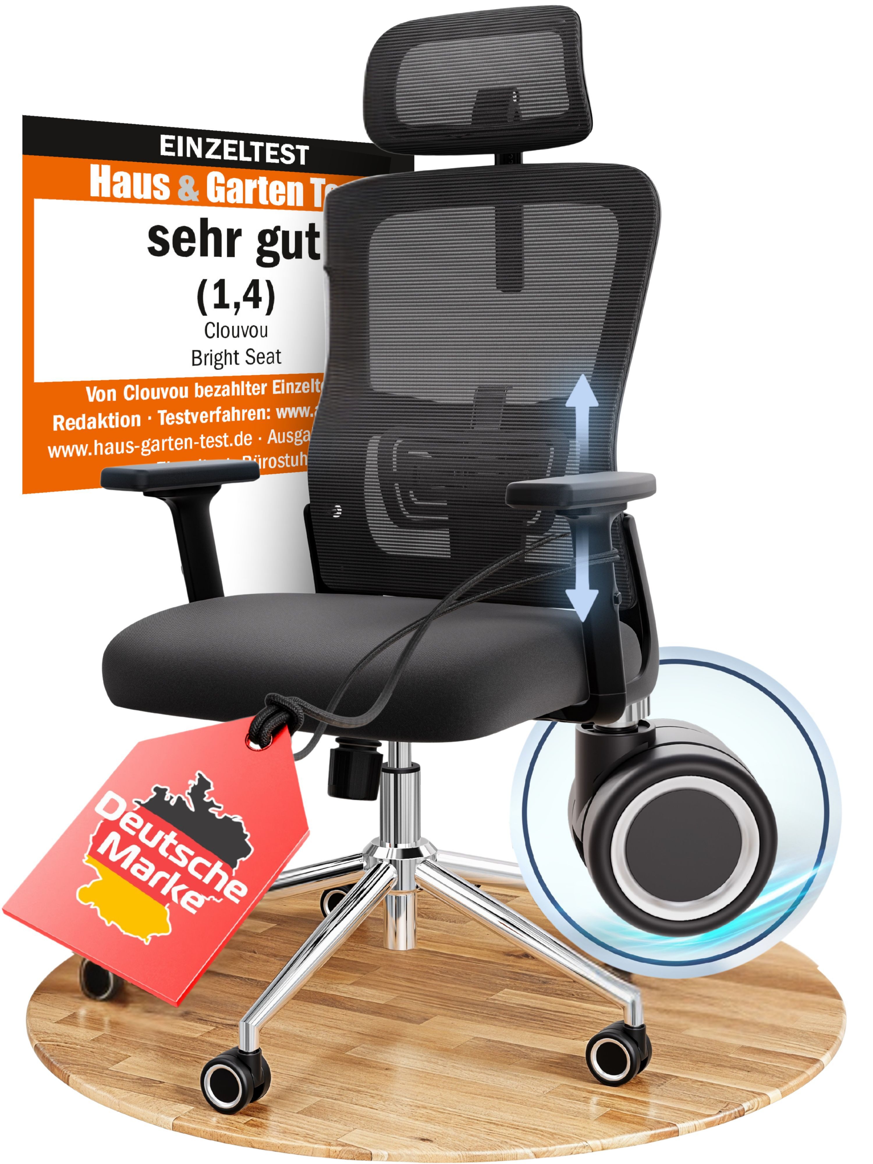 CLOUVOU Bürostuhl Ergonomisch, Schreibtischstuhl bis 150 kg - Testsieger (BrightSeat - Chefsessel für Arbeitszimmer, 2D Armlehne), Blade Wheels, Homeoffice, Gaming Stuhl, Drehstuhl