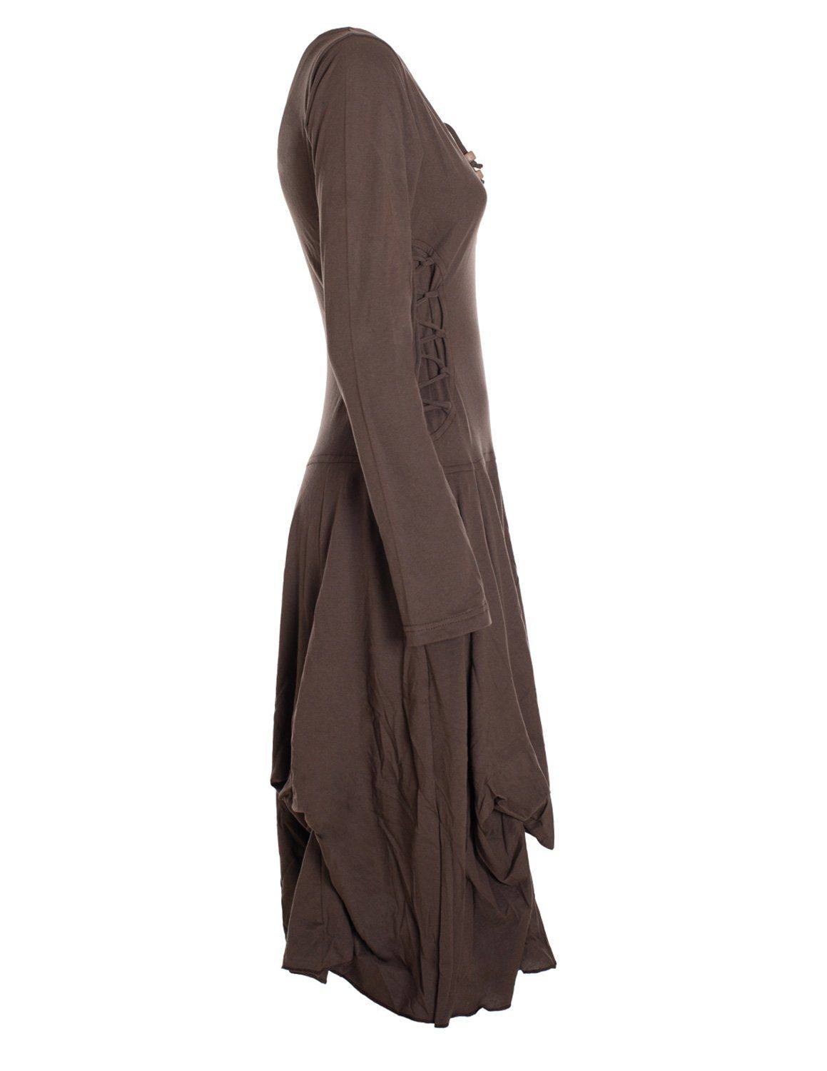 Vishes Midikleid Langes Langarm Bio Ballonkleid einfarbig mit Schnürung V-Ausschnitt Hippie, Elfen, Festag, Style