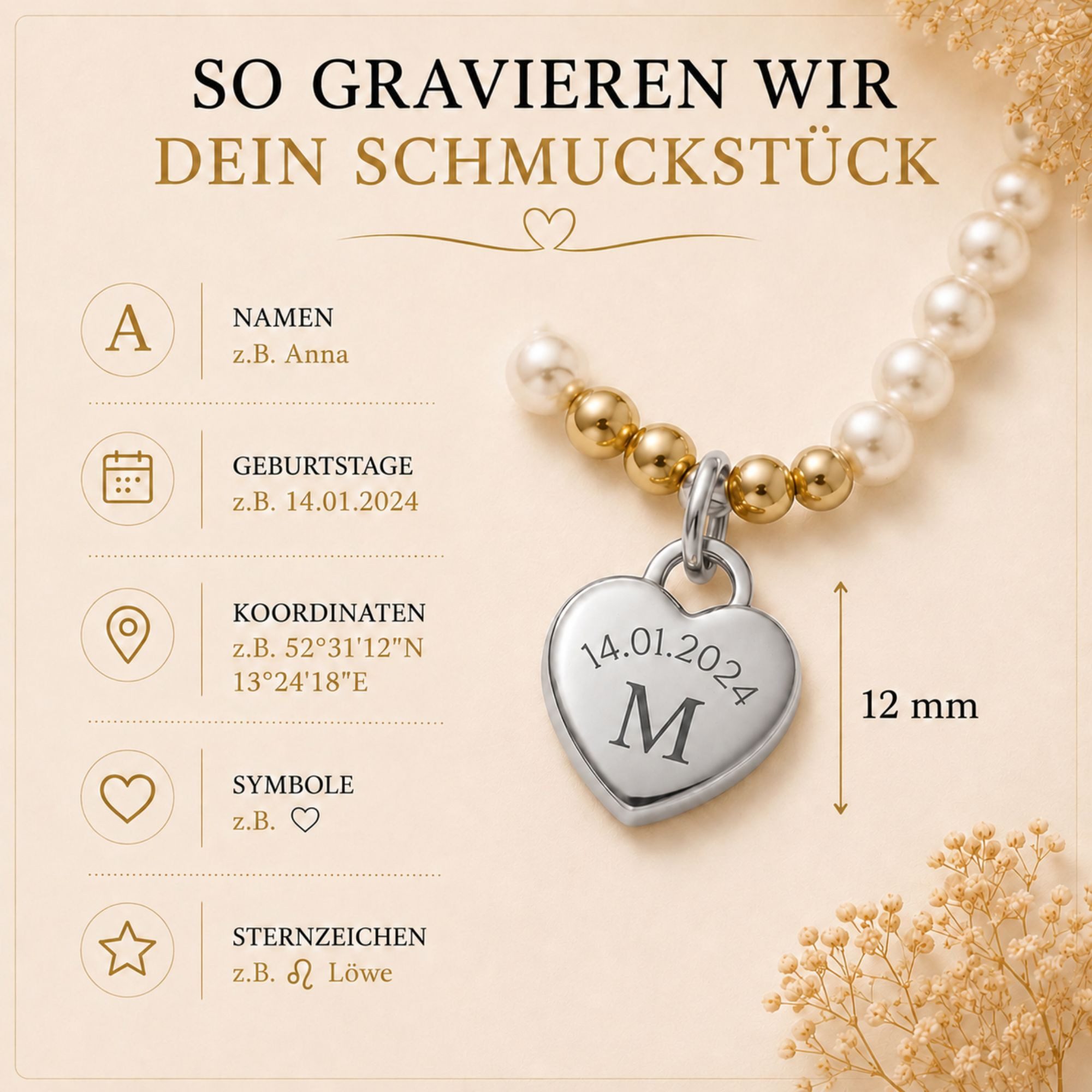 BS Schmuckdesign Kette mit Anhänger mit Gravur Personalisierte Halskette Damen Perlenkette mit Herzanhänger Gravur (inkl. Gravur), personalisiert inkl. Geschenkbox