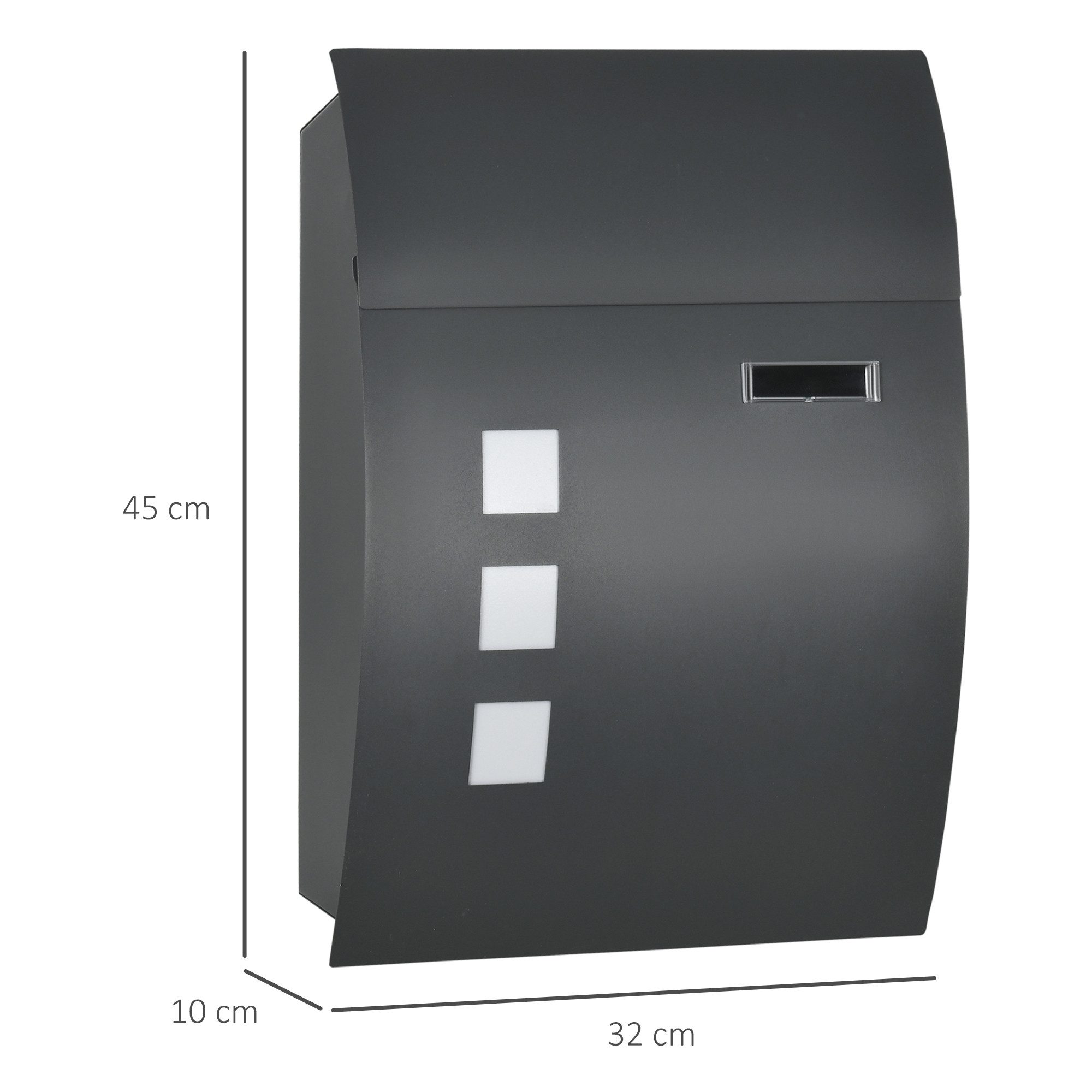 HOMCOM Briefkasten mit Deckel, Schloss, Sichtfenster, Wasserloch (Postkasten, 1-St., Wandbriefkasten), aus Verzinktem Stahl, für Outdoor, 32 x 10 x 45 cm, Dunkelgrau