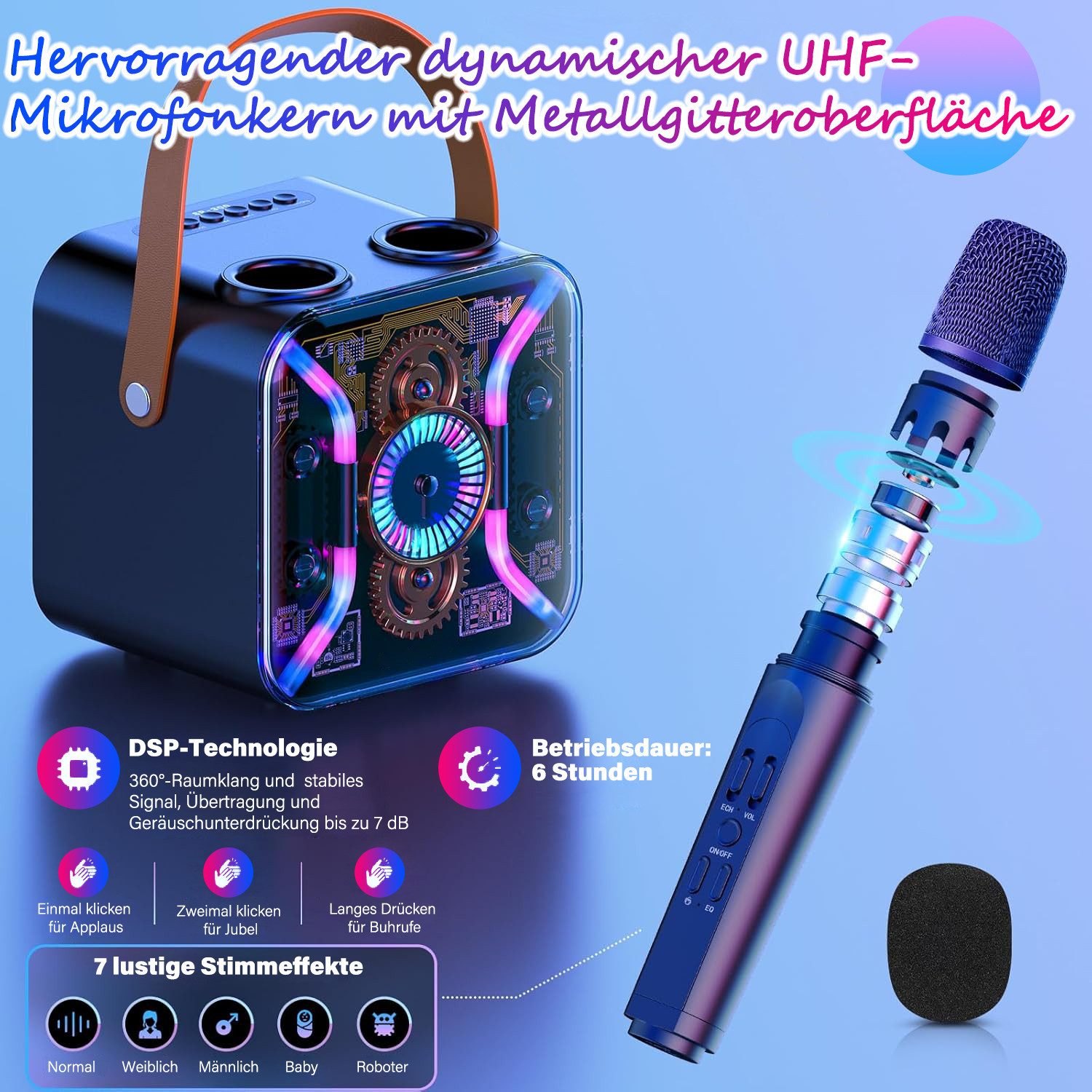 MOPUEA Karaoke-Maschine mit 2 kabellosen Mikrofonen Party-Lautsprecher Bluetooth-Lautsprecher 2 (Bluetooth, Radio, USB, AUX IN, Micro SD Kartenslot, Party-Lautsprecher, Karaoke-All-in-One-Maschine, mit Lichteffekten)