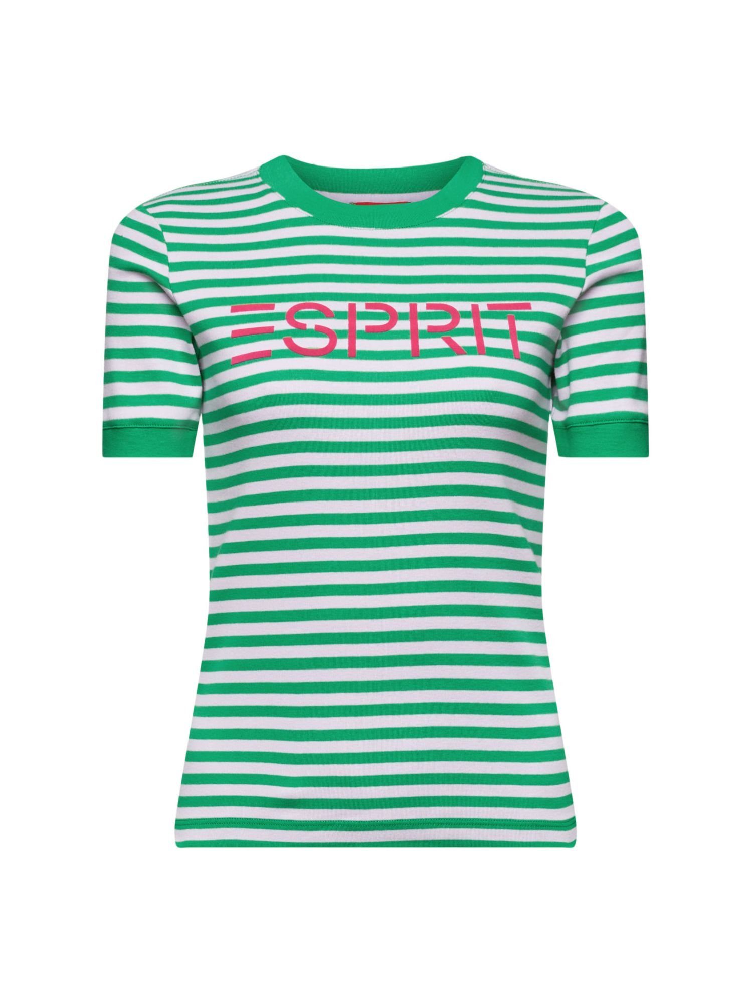 Esprit T-Shirt Gestreiftes Baumwoll-T-Shirt mit Logo-Print (1-tlg) GREEN