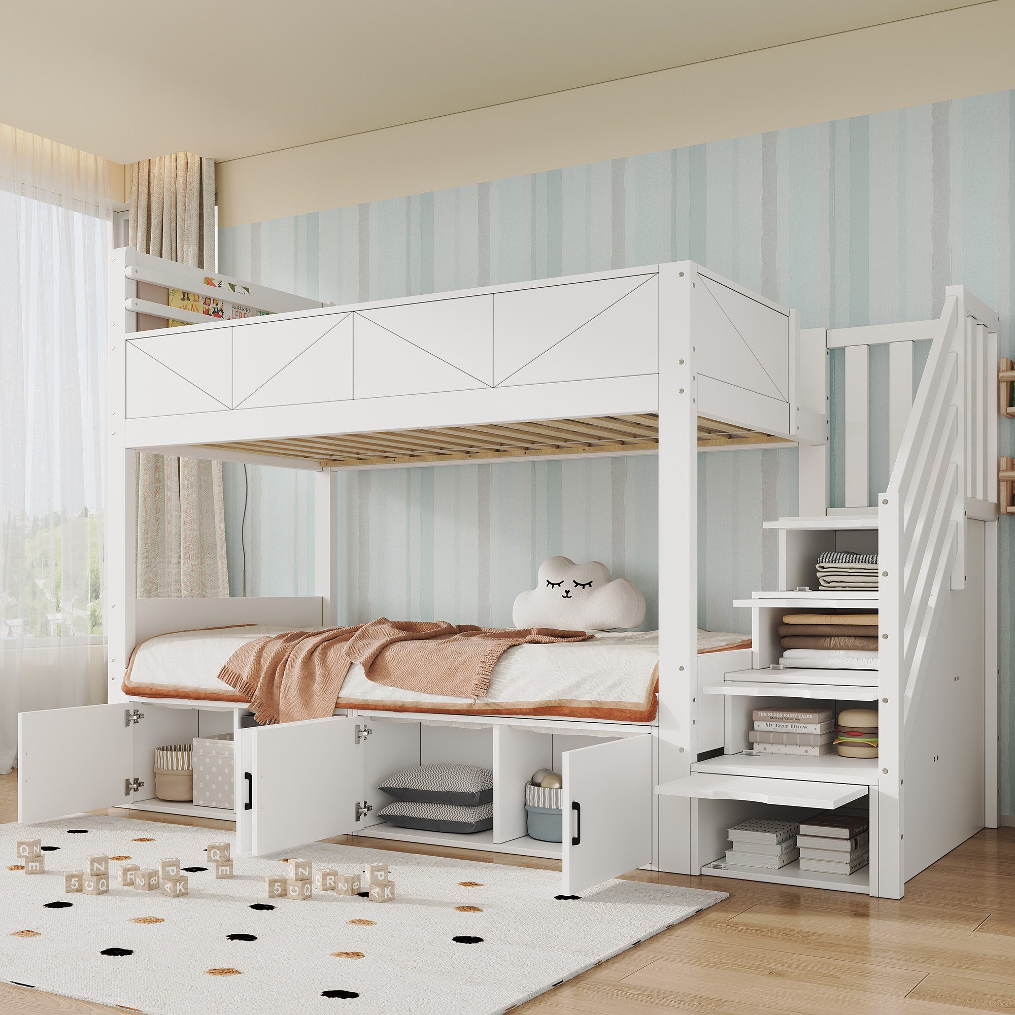Flieks Etagenbett, Kinderbett 90x200cm mit Stauraumtreppe, Schrankfächern, Bücherablage
