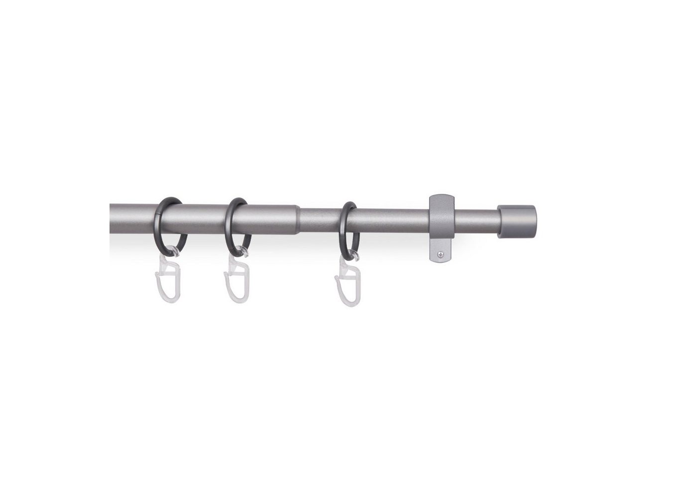 Bestlivings Gardinenstange Set mit dekorativen Endstücken, Ø 16 mm, 1-läufig, Wandträger, verschraubt, Metall, Kunststoff, Vorhangstange 120-220cm inkl. Ringe mit Faltlegehaken und Endstücken