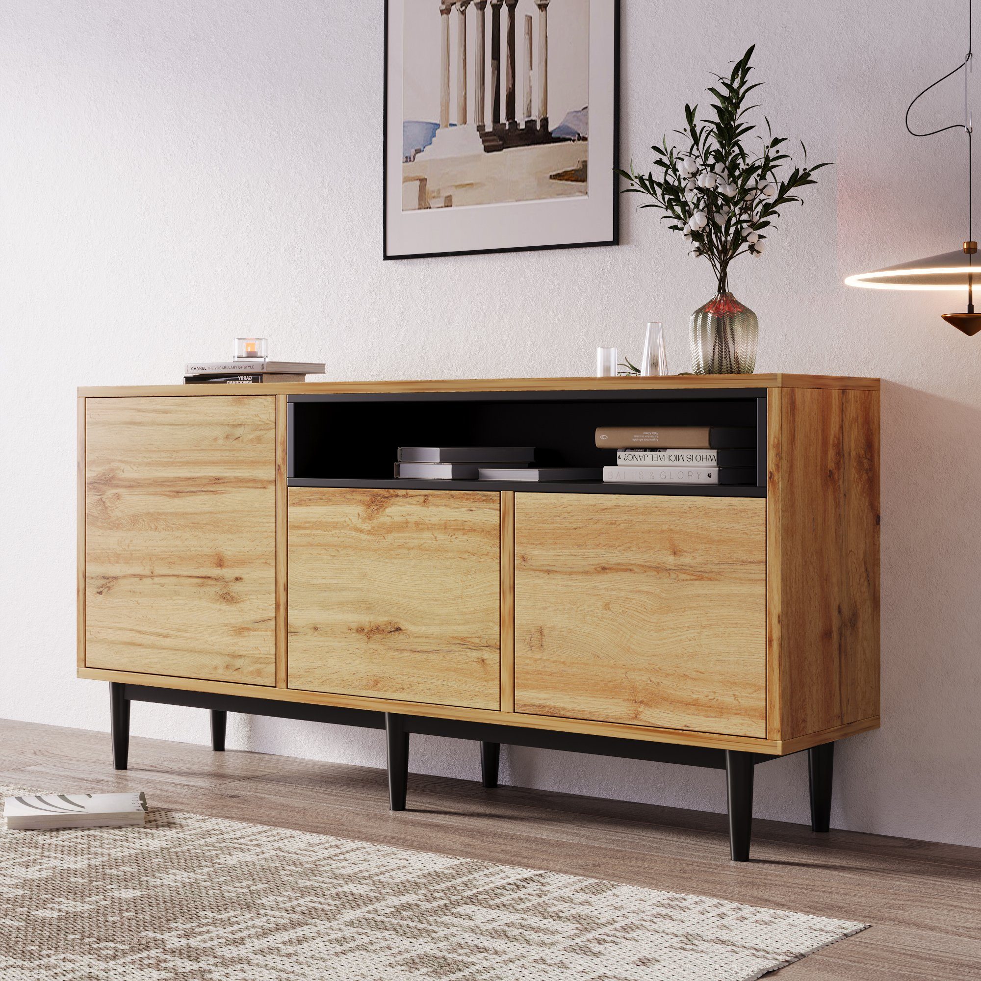 und cm, robust Einfache Türen 76 drei zuverlässig aus Holz 35 REDOM Regalen x x Montage, (160 mit Sideboard sideboard platzsparendes Moderner und Design),