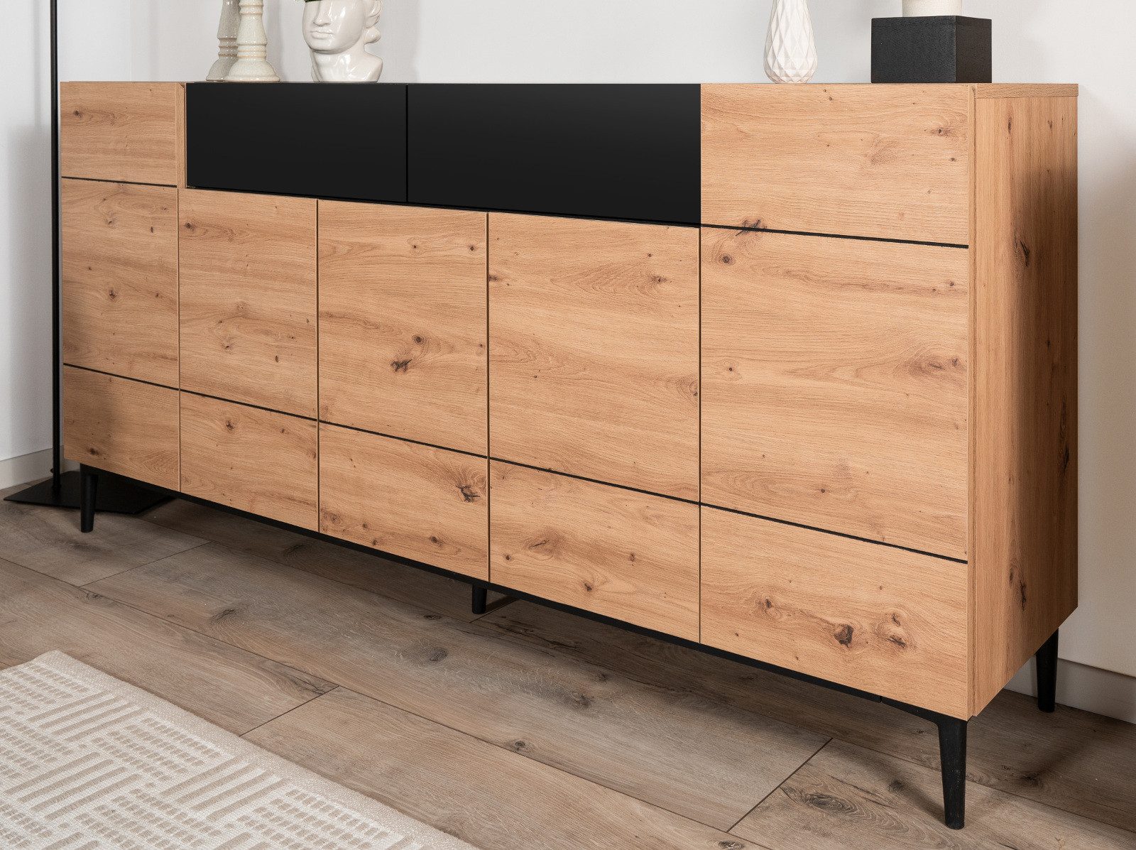 Furn.Design Sideboard Liam (Kommode in Eiche Artisan mit schwarz, Breite 180 cm), 12 Fächer