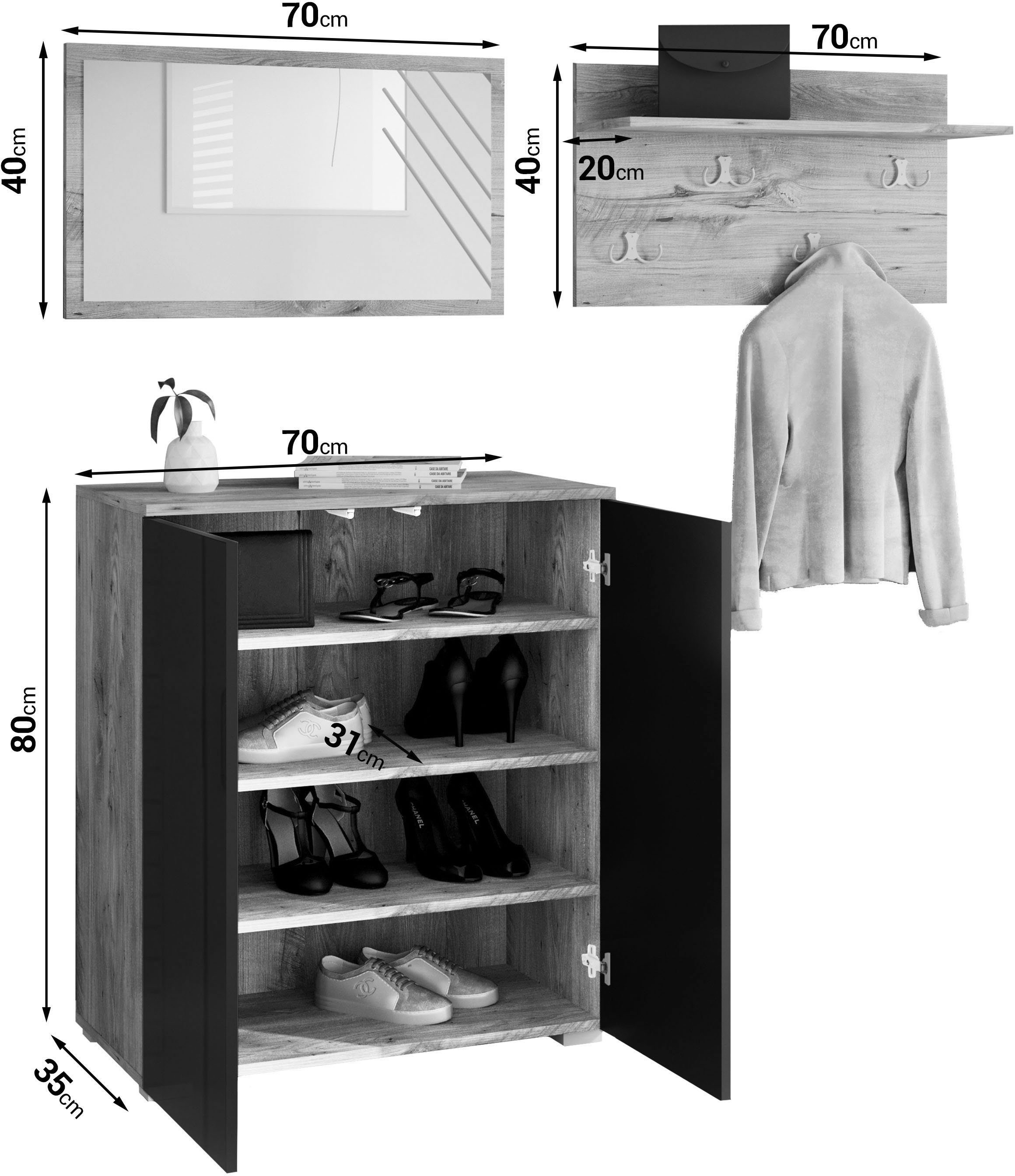 INOSIGN Garderoben-Set Hgl (3-St) anthrazit/weiss Paris,