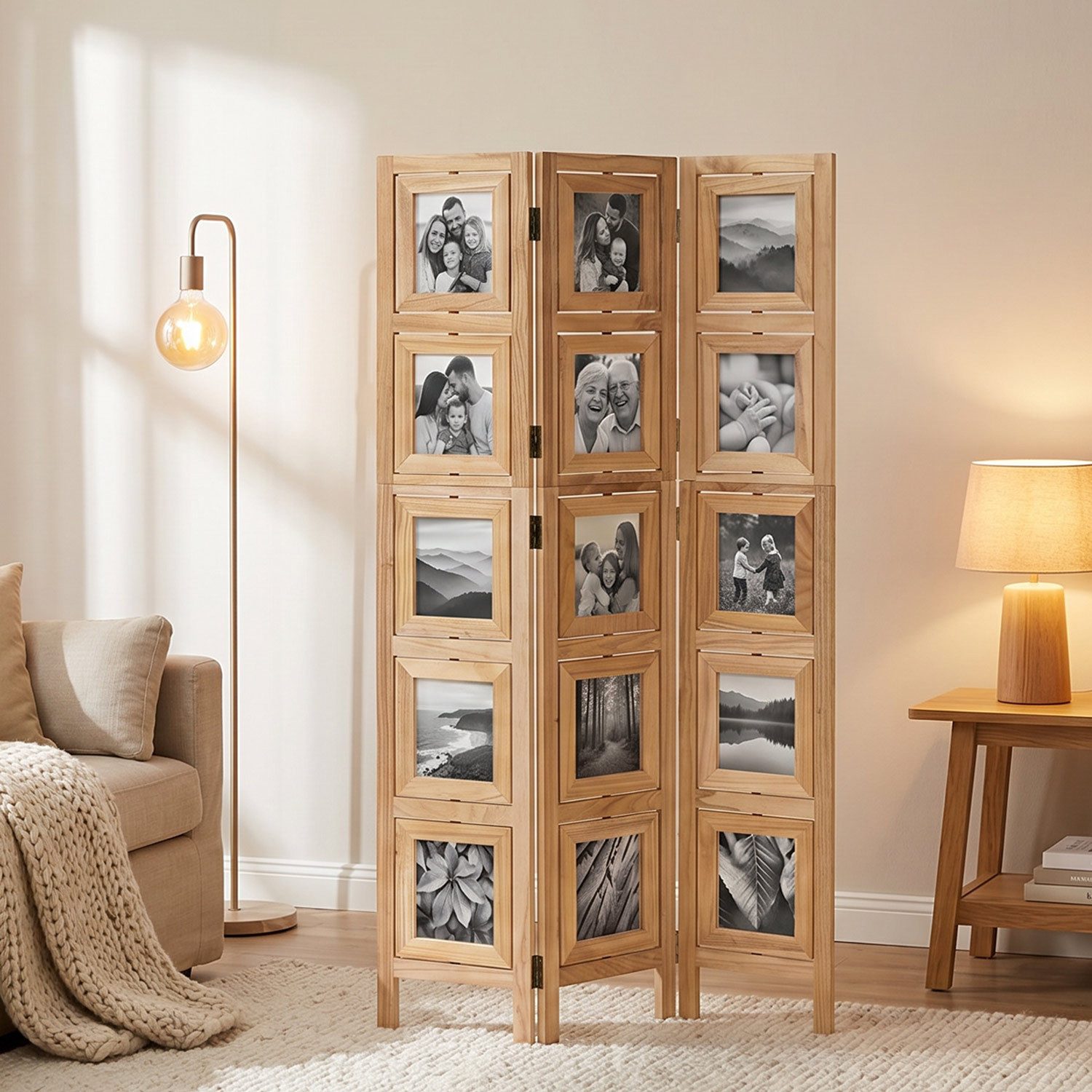 Homestyle4u Paravent Raumteiler Indoor Holz Trennwand Fotowand Sichtschutz faltbar Fotos (3-teilig), Natur, Einzelelemente 360 Grad drehbar