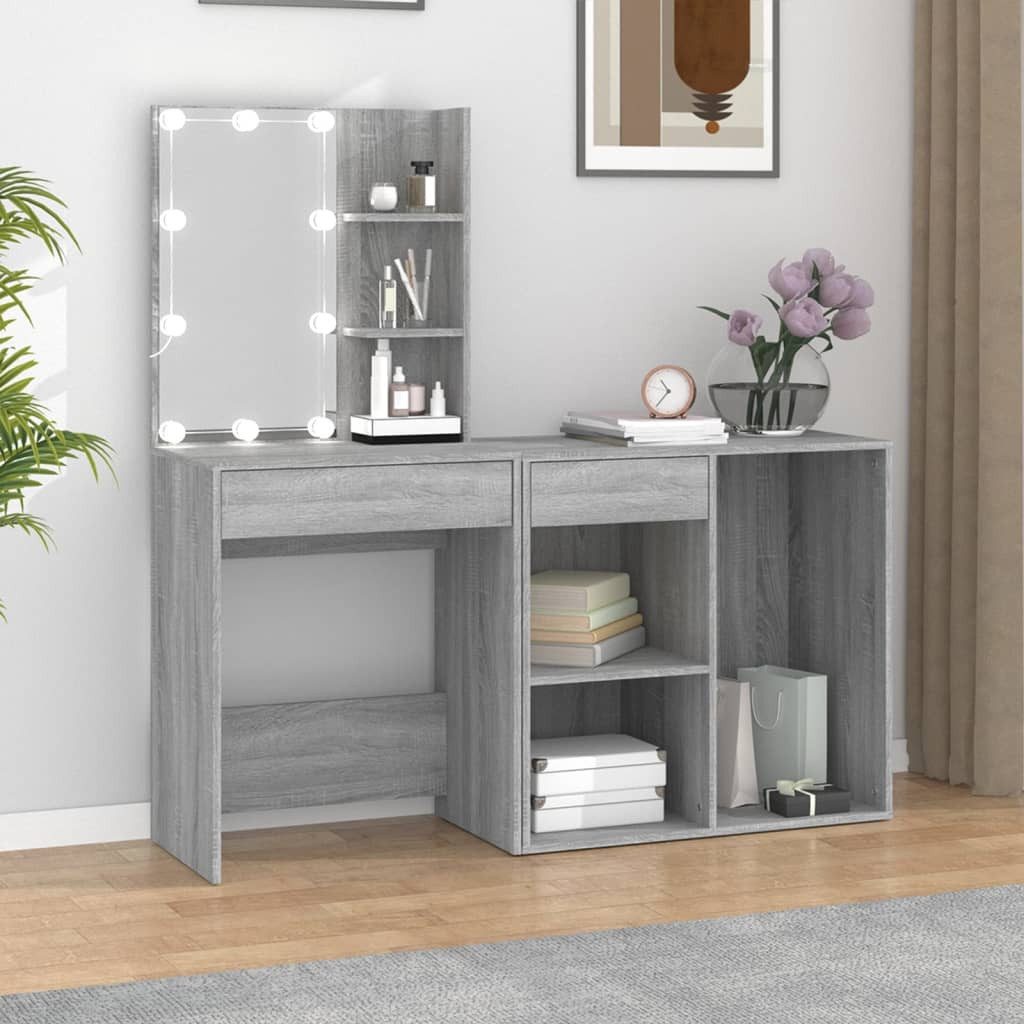 Schminktisch LED-mit Schrank 60x40x140 cm & 80x40x75 cm Grau Sonoma
