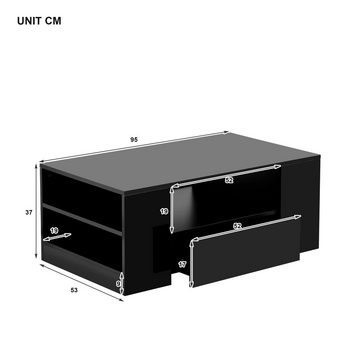 BlingBin Couchtisch Kaffeetisch mit 2 Schubladen inkl.16 Farben LED-Beleuchtung (mit 4 Ablage und 2 Schubladen inkl. Fernbedienung), 95 x 53 x 37cm