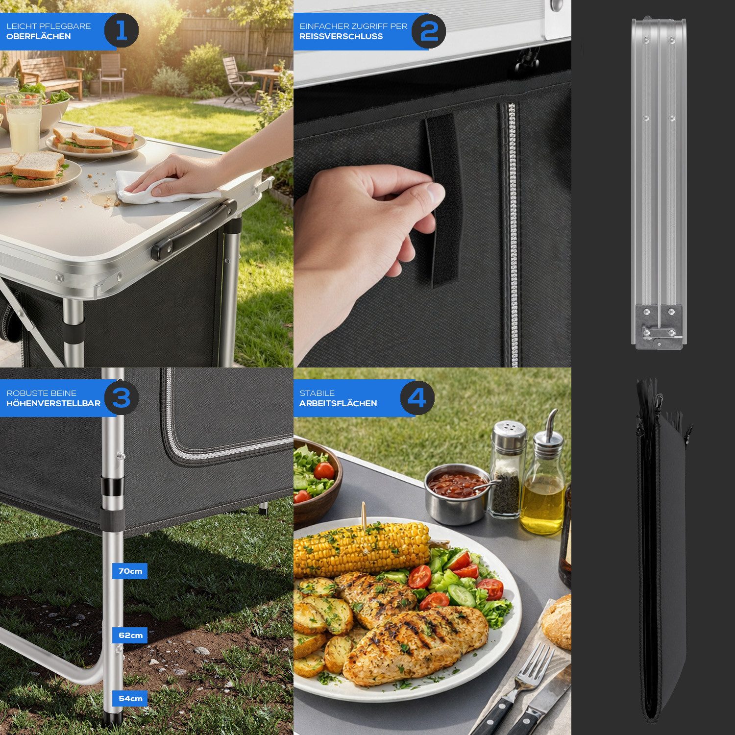 24Move Campingschrank Campingküche PRAIA Outdoorküche Alu (faltbar, höhenverstellbar, tragbar) mit Arbeitsplatte und Staufächern