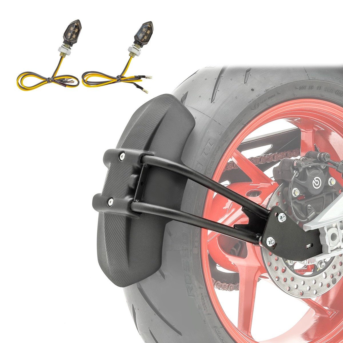 Kennzeichenhalter Set LED Blinker Motorrad KP8 getönt + Motorrad Hinterradabdeckung LW4