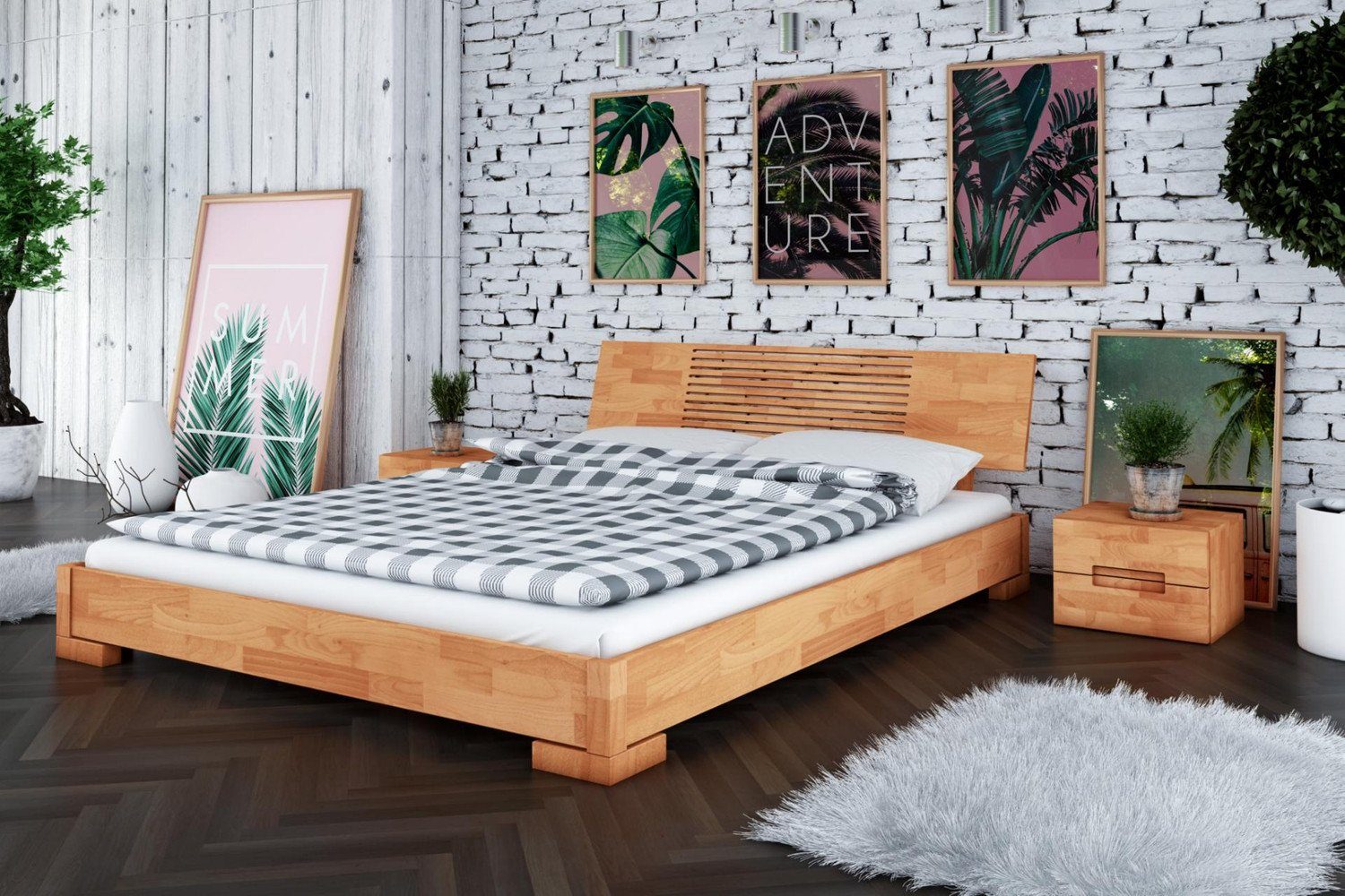 Natur24 Einzelbett Bett Bento 11 Kernbuche massiv 90x200 mit Holzkopfteil  und Holzbeinen