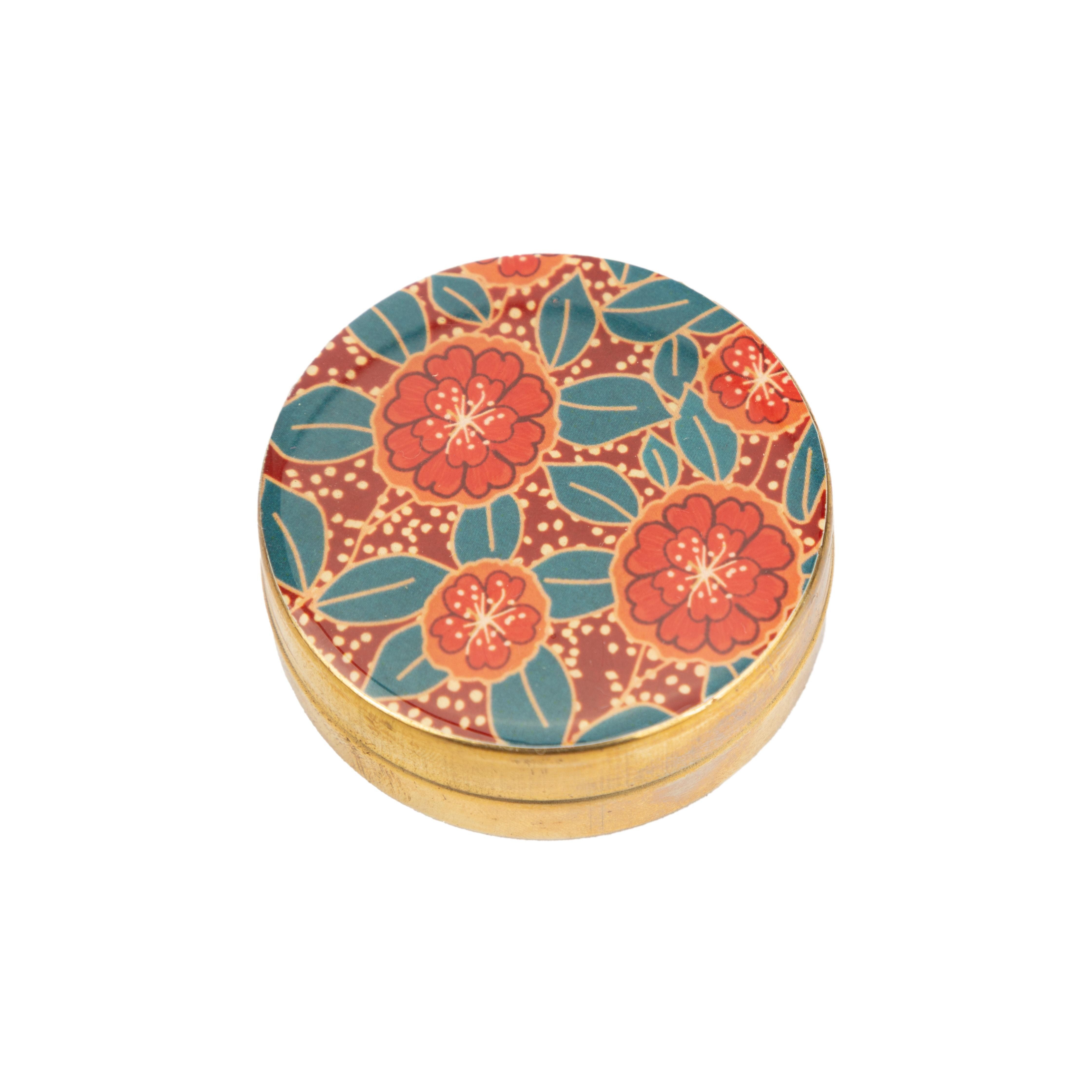El Puente Pillendose Dose aus Messing in Rot mit Blüten-Motiv, Handmade, Handmade