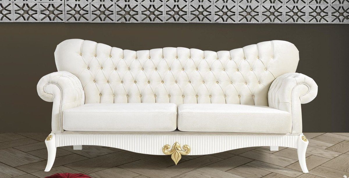 Casa Padrino Sofa Barock Sofa Creme / Weiß / Gold 224 x 83 x H. 112 cm - Wohnzimmer Sofa mit Glitzersteinen - Edle Barock Möbel