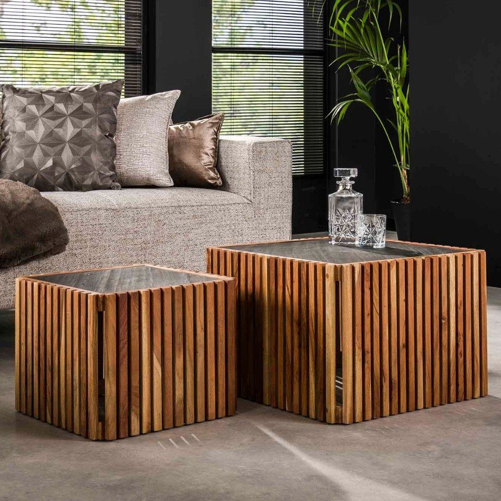 2er-Se, Akazienholz Natur-dunkel RINGO-Living und Pan in Schiefergrau Möbel Couchtisch aus Beistelltisch