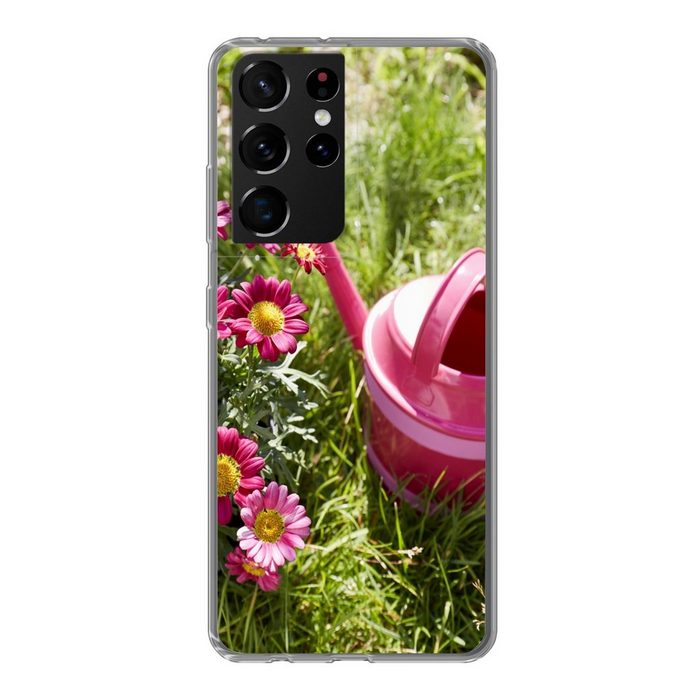 MuchoWow Handyhülle Blumen - Gießkanne - Rosa Phone Case Handyhülle Samsung Galaxy S21 Ultra Silikon Schutzhülle