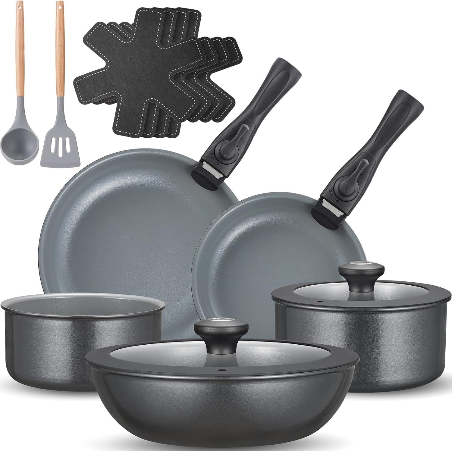 BEZIA Pfannen-Set Induktions Töpfe Set, Keramik Pfannenset mit abnehmbaren Griffen, Aluminium (17-tlg), natürliche Keramikbeschichtung, 30% Energieersparnis