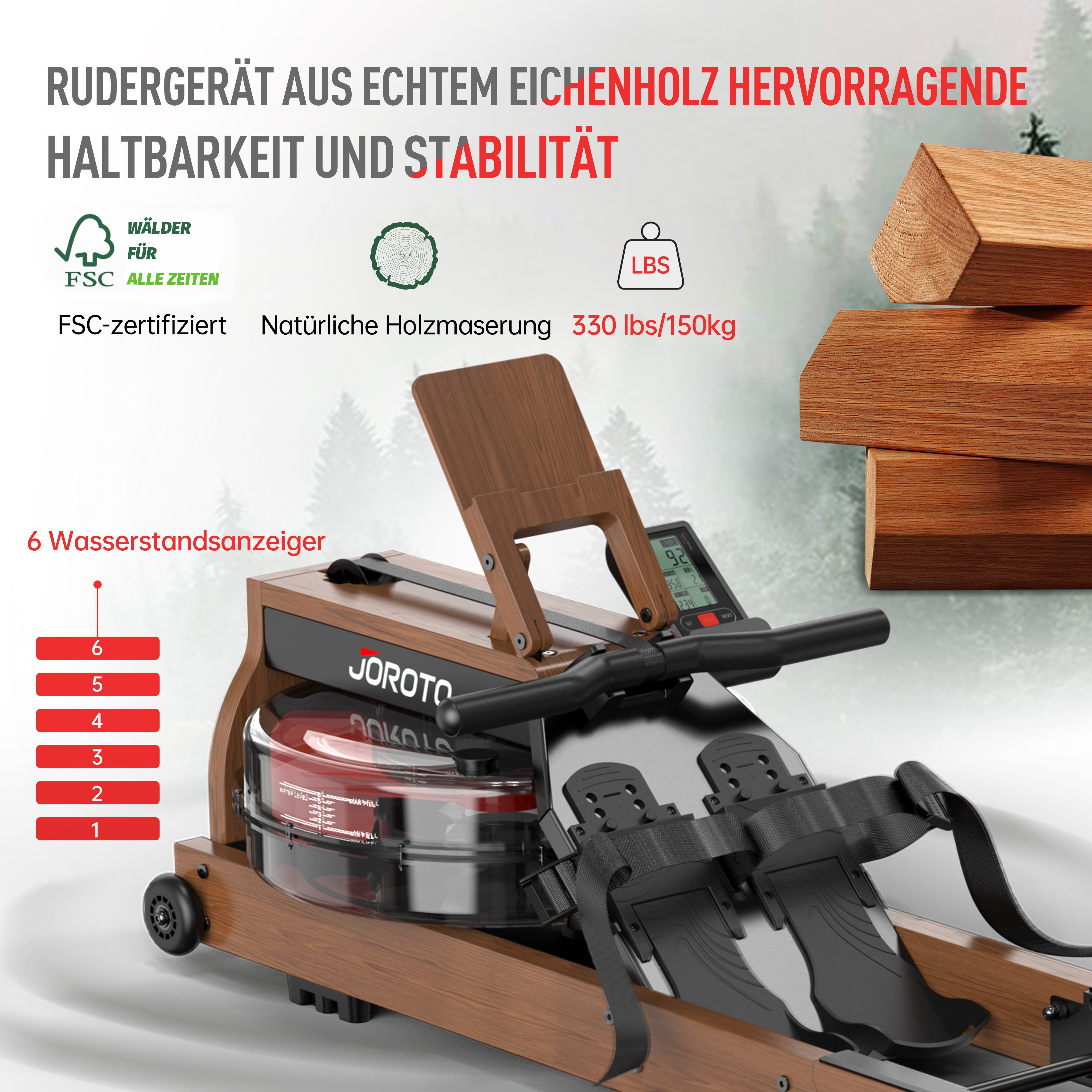 JOROTO Rudergerät für Zuhause Wasserrudergerät aus Holz, aus Eiche, Klappbares Rudergerät für zu Hause mit Bluetooth Display