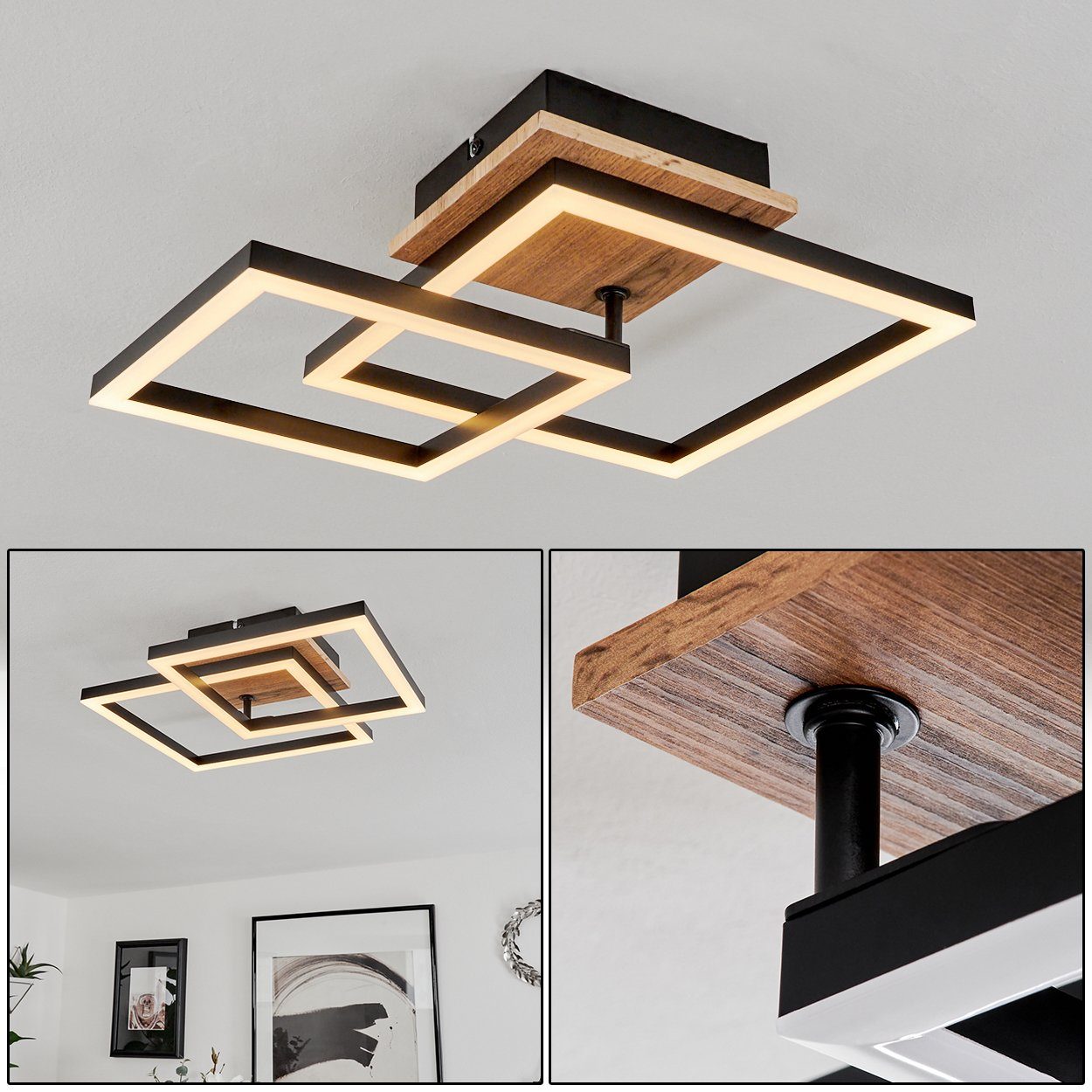 hofstein Deckenleuchte »Voghenza« Deckenlampe, Metall/MDF/Kunststoff, Schwarz/Holzoptik, 3000 Kelvin, Schirm ist drehbar, 1200 Lumen, 1xLED 18 Watt, Braun, Weiß