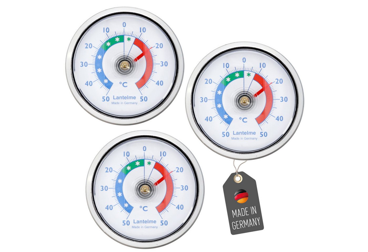 Lantelme Kühlschrankthermometer 3 Stück Selbstklebend Gefrierschrank Kühltheke Kühlschrank Thermometer, 3-tlg., 3 Stück im Set, Farbauswahl, Klebepads anbei, Deutsche Herstellung, Temperaturanzeige + - 50°C Analog