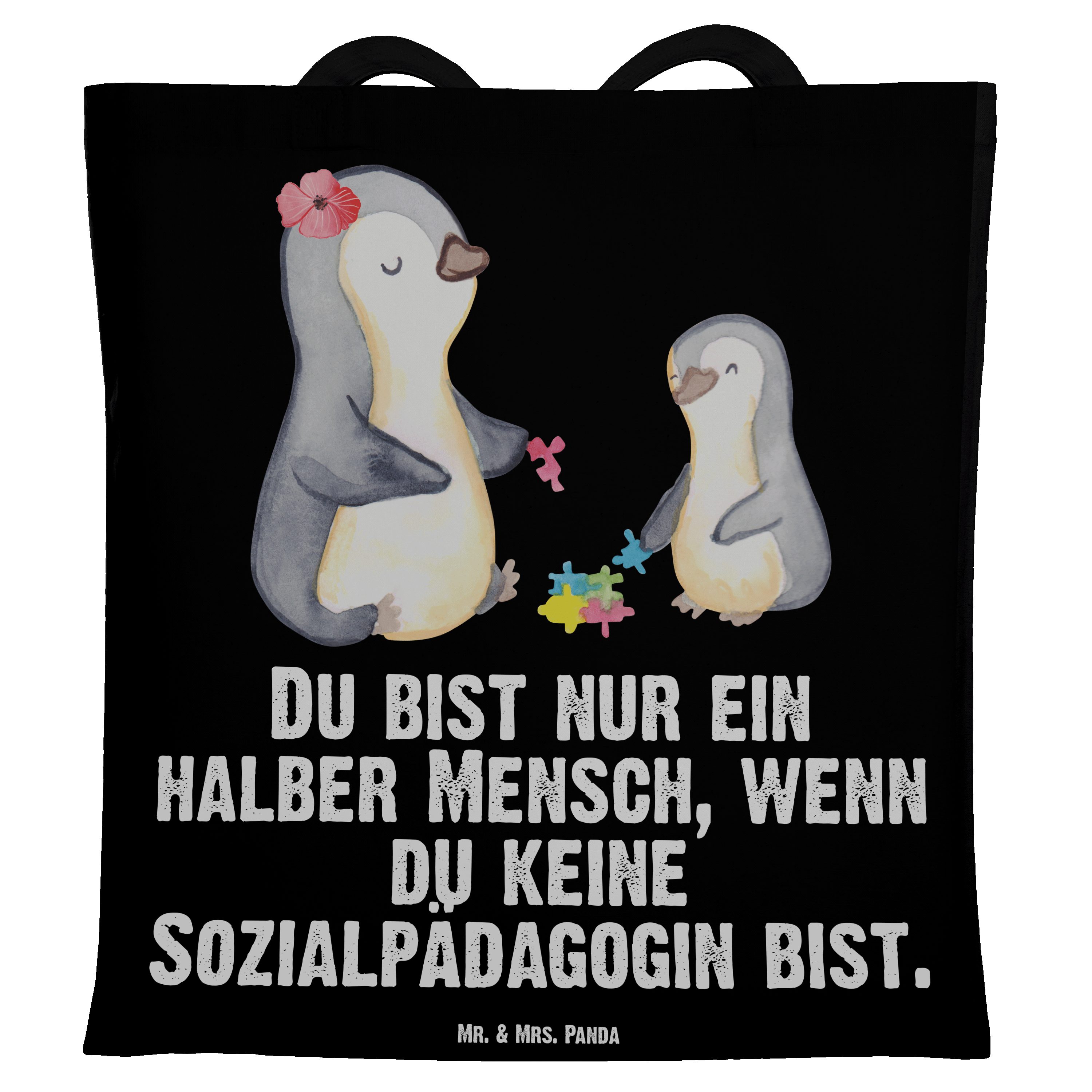 Mr. & Mrs. Panda Tragetasche Sozialpädagogin mit Herz - Schwarz - Geschenk, Beuteltasche, Abschied (1-tlg)