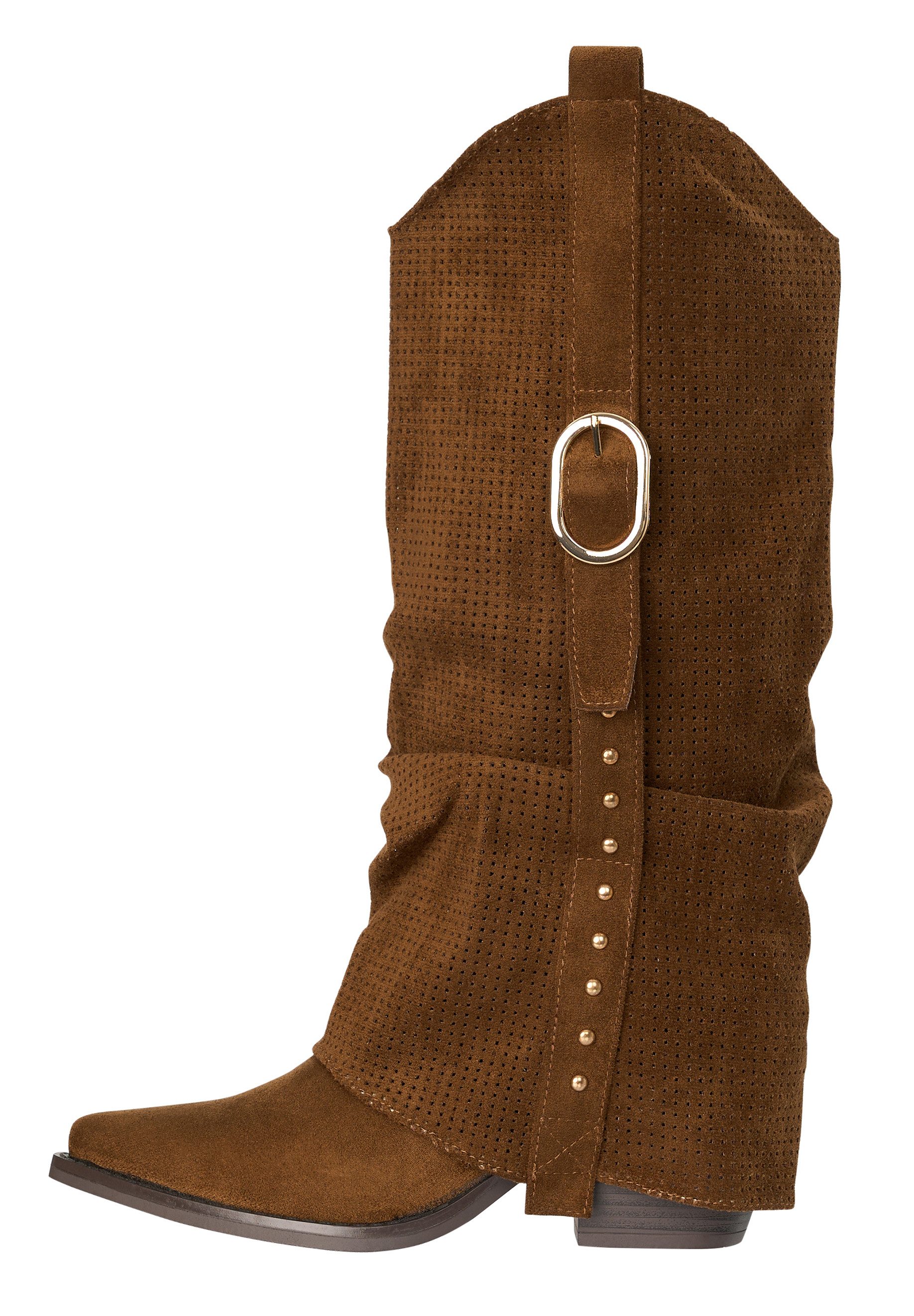 Salinyang Damen Cowboy Boots mit Overlay-Schaft, Lochstruktur & Zierschnalle High-Heel-Stiefel Overlay Schaft – Bild 3 von 5