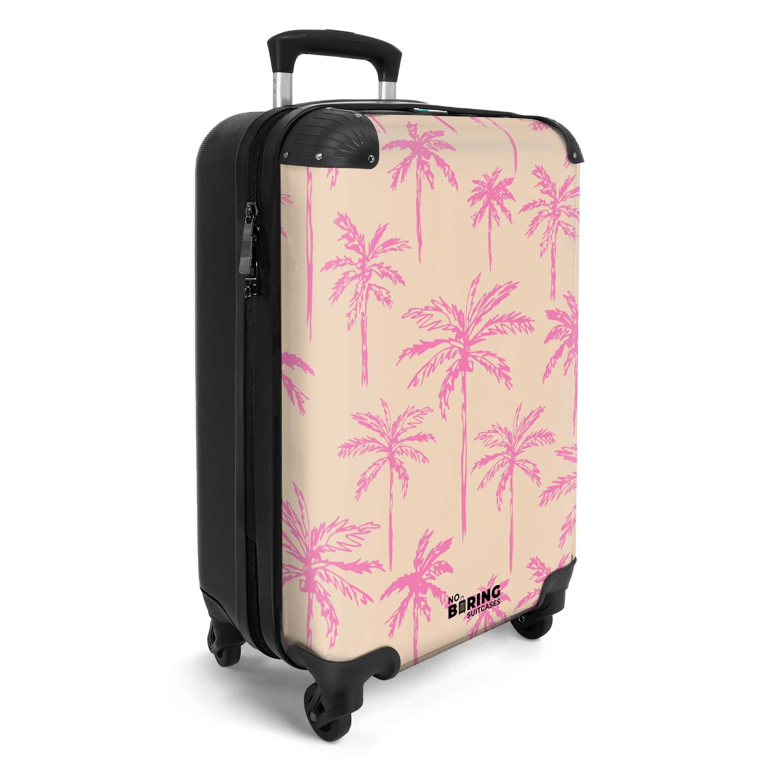 NoBoringSuitcases.com© Hartschalen-Trolley Beige mit rosa Palmen günstig online kaufen