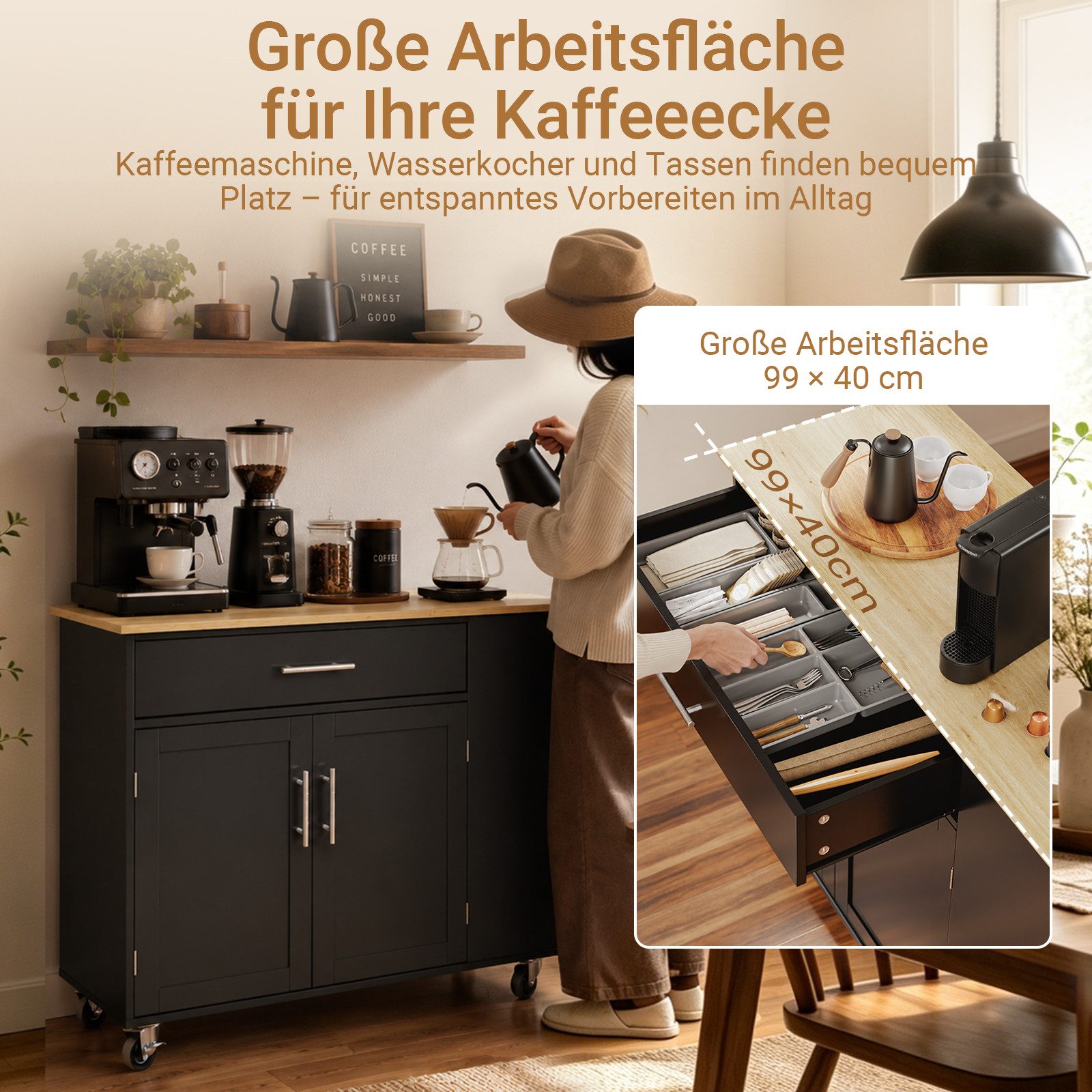 SoBuy Küchenwagen FKW108, Kücheninsel mit Arbeitsplatte, Sideboard freistehend, mit Arbeitsplatte, Servierwagen auf Rollen, Küchenschrank Esszimmer – Bild 4 von 5