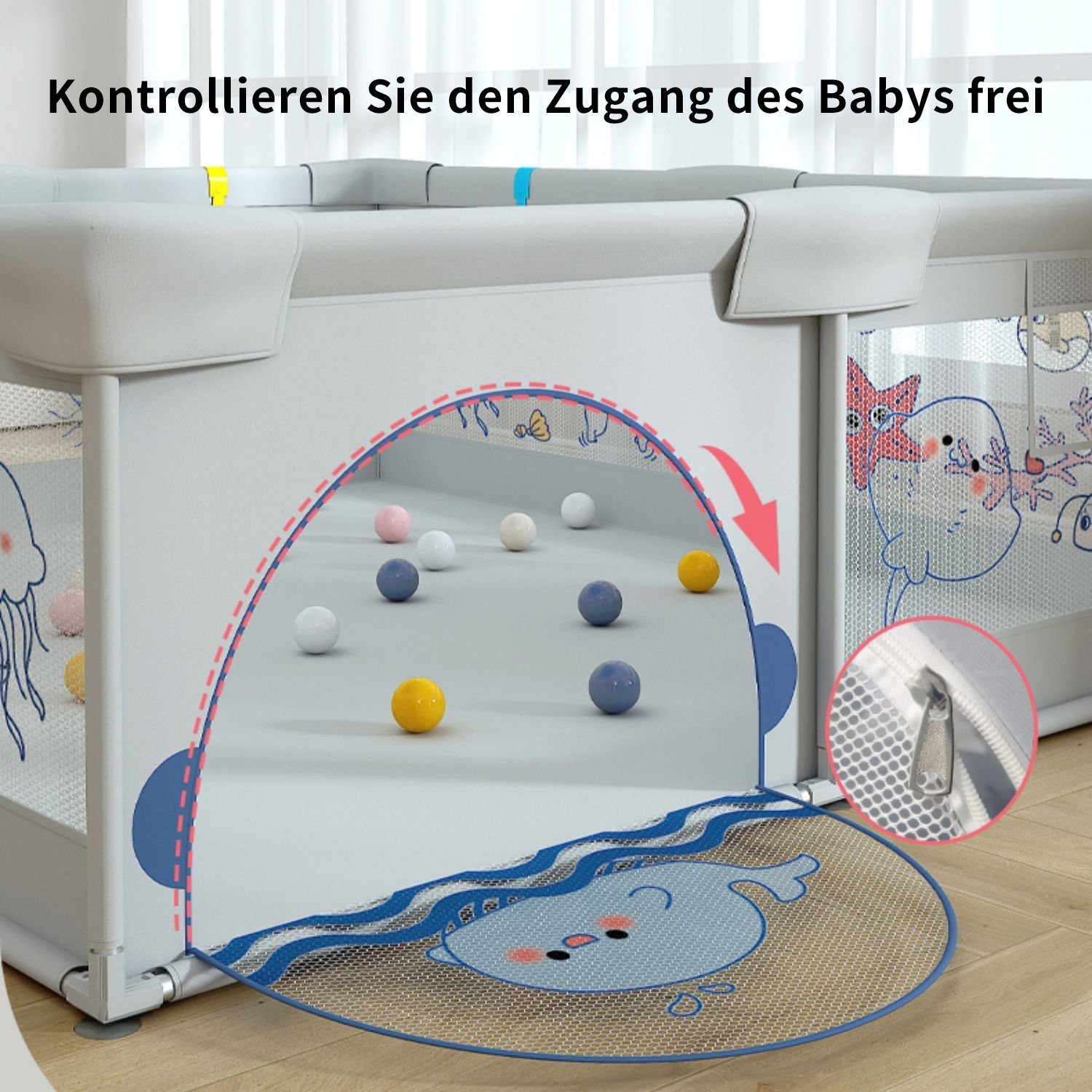 FOXSPORT Laufstall, Laufgitter Baby, Schutzgitter mit atmungsaktivem Netz (180 x 200 x 65 cm\150 x 180cm Große Sicherheitsspielplatz mit Reißverschluss), Krabbelgitter für Kinder, mit 60 Spielbällen, mit Rutschfester Basis