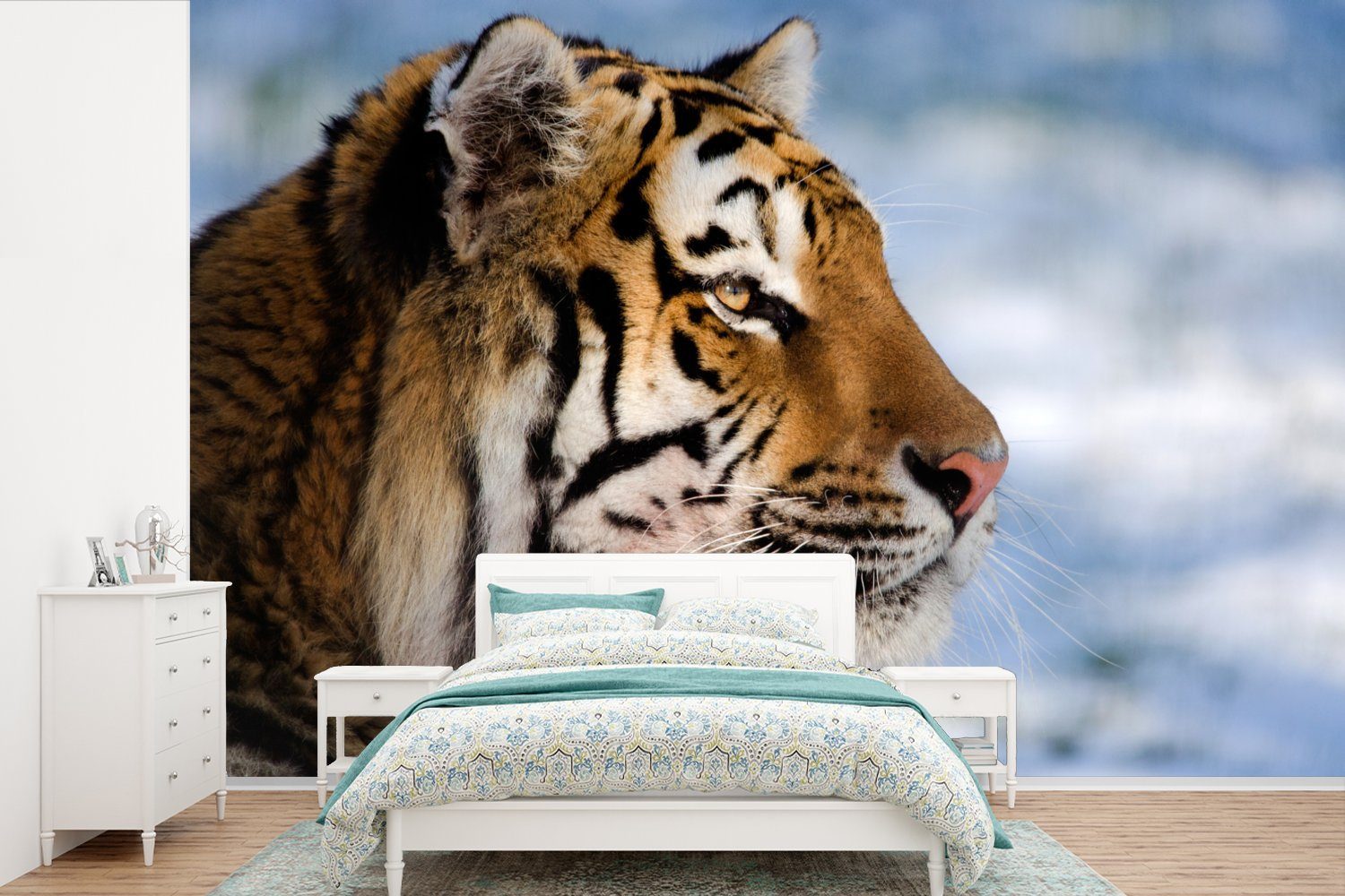 MuchoWow Fototapete Tiger - Schnee - Natur, Matt, bedruckt, (6 St), Wallpaper für Wohnzimmer, Schlafzimmer, Kinderzimmer, Vinyl Tapete