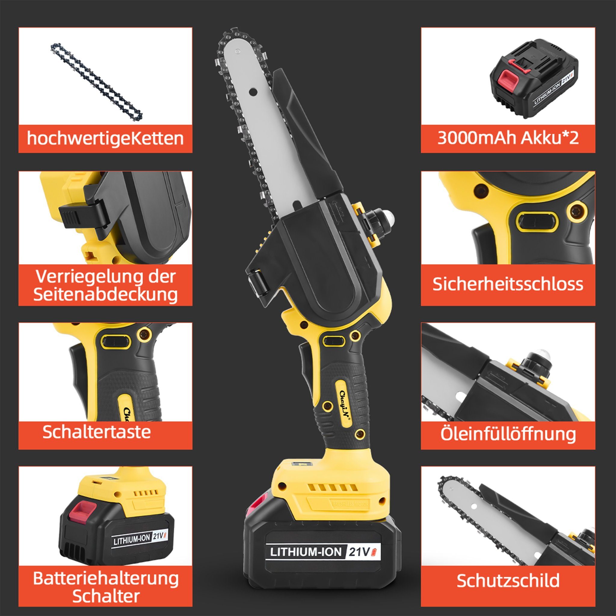 CkeyiN Akku-Kettensäge 6'' mini Kettensäge, 650W Bürstenlose Elektro-Kettensäge, 15 cm Schwertlänge, 6000 mAh Akku Säge mit 2 Ketten, 2 Akkus, für Astschere Holzschneidenz