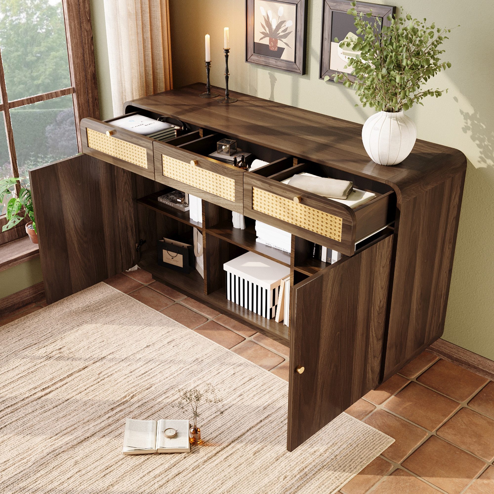 Flieks Kommode mit Rattan-Schubladen und verstellbaren Einlegeböden (1 St., H85/B120/T40 cm), Sideboard Mehrzweckschrank Holzschrank Nussbaumfarbe