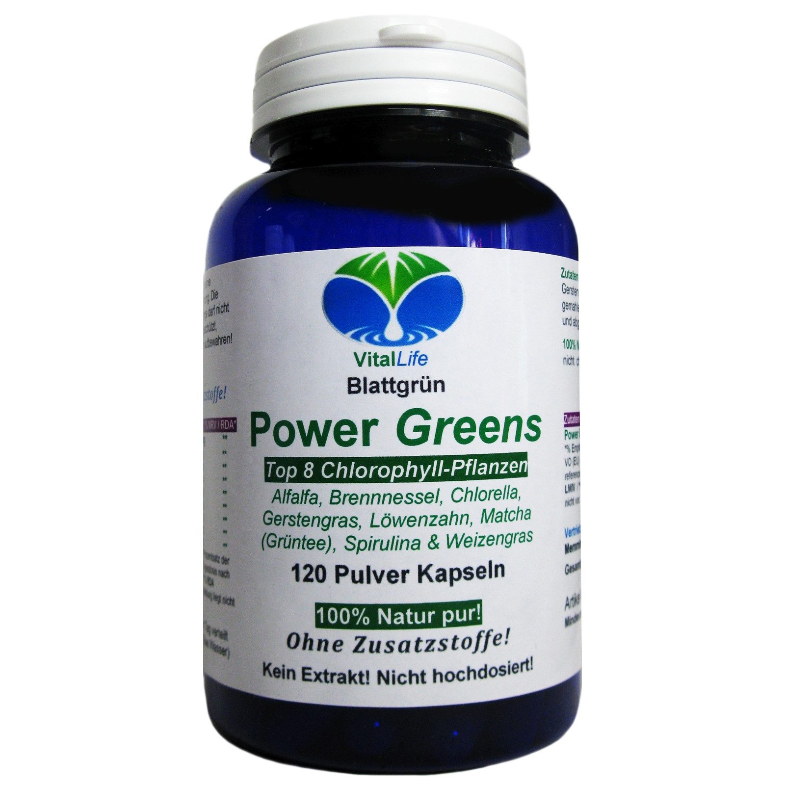 VitalLife Supergreens Pflanzenpulver Mix – Top 8 Grüne Mischung ohne Zusätze Kapseln, 1 er Dose à 120 St., 55,2 g, Art. 26331-120
