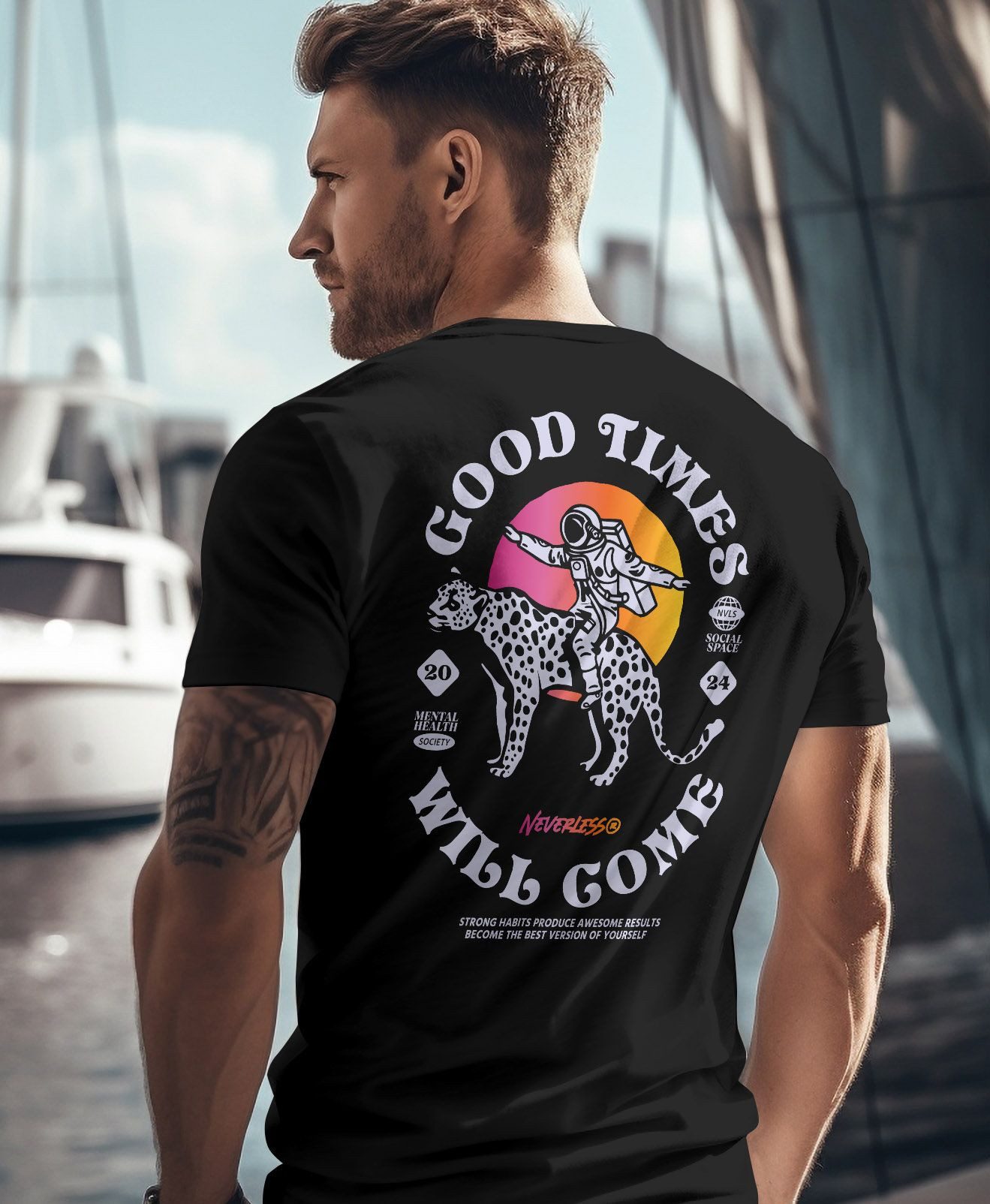 Neverless Print-Shirt Herren T-Shirt Backprint Rücken-Aufdruck Brustlogo Space Tiger Good mit Print