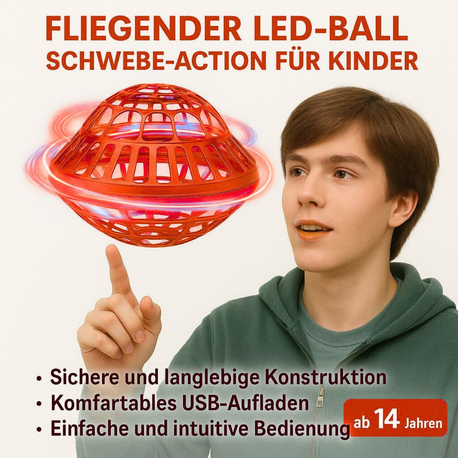 Goldstern-Tech Spielball (interaktiver Flugball mit Gegensteuerung, USB-Akku & Fernbedienung), LED-Hoverball, Fliegender Ball mit Lichteffekten
