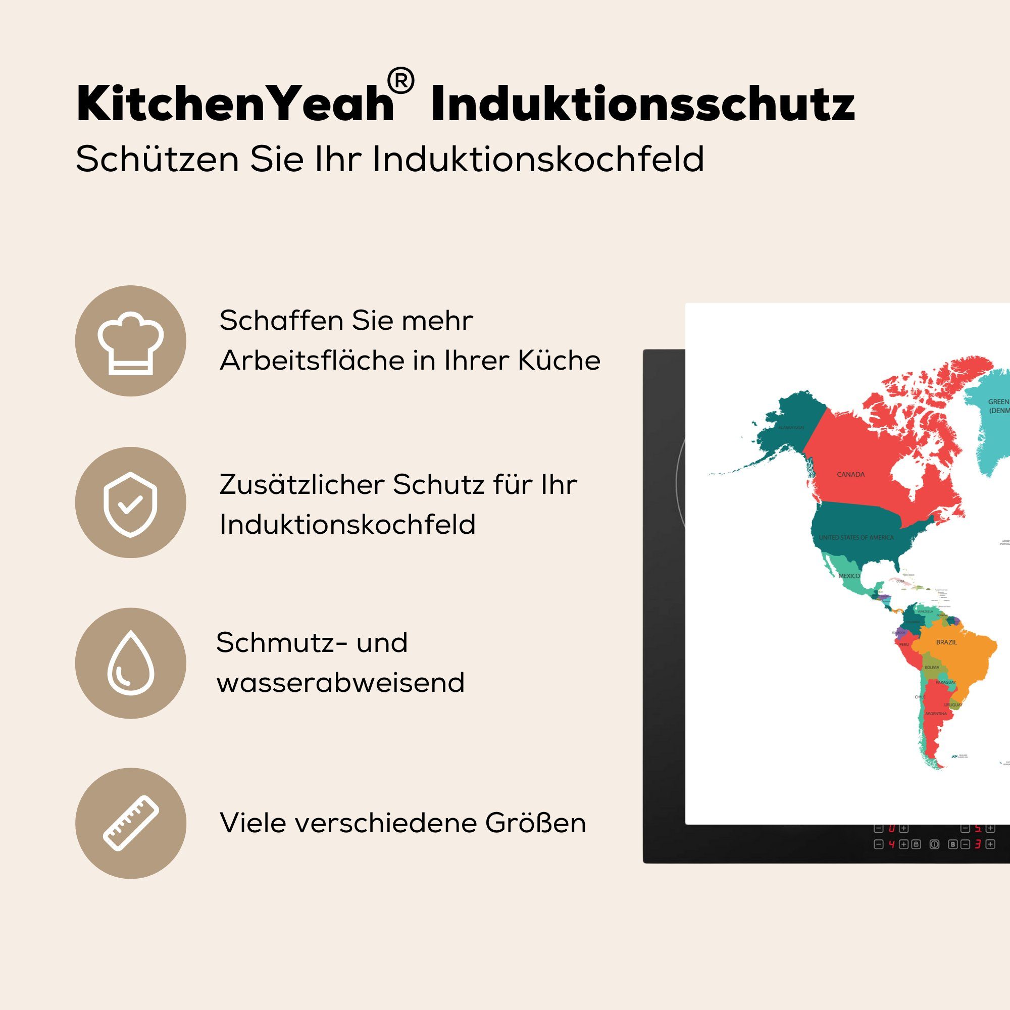 MuchoWow Herdblende-/Abdeckplatte - 81x52 - Schutz die für Induktionskochfeld Ceranfeldabdeckung Weltkarte küche, Bunt Vinyl, (1 cm, Einfach, tlg)