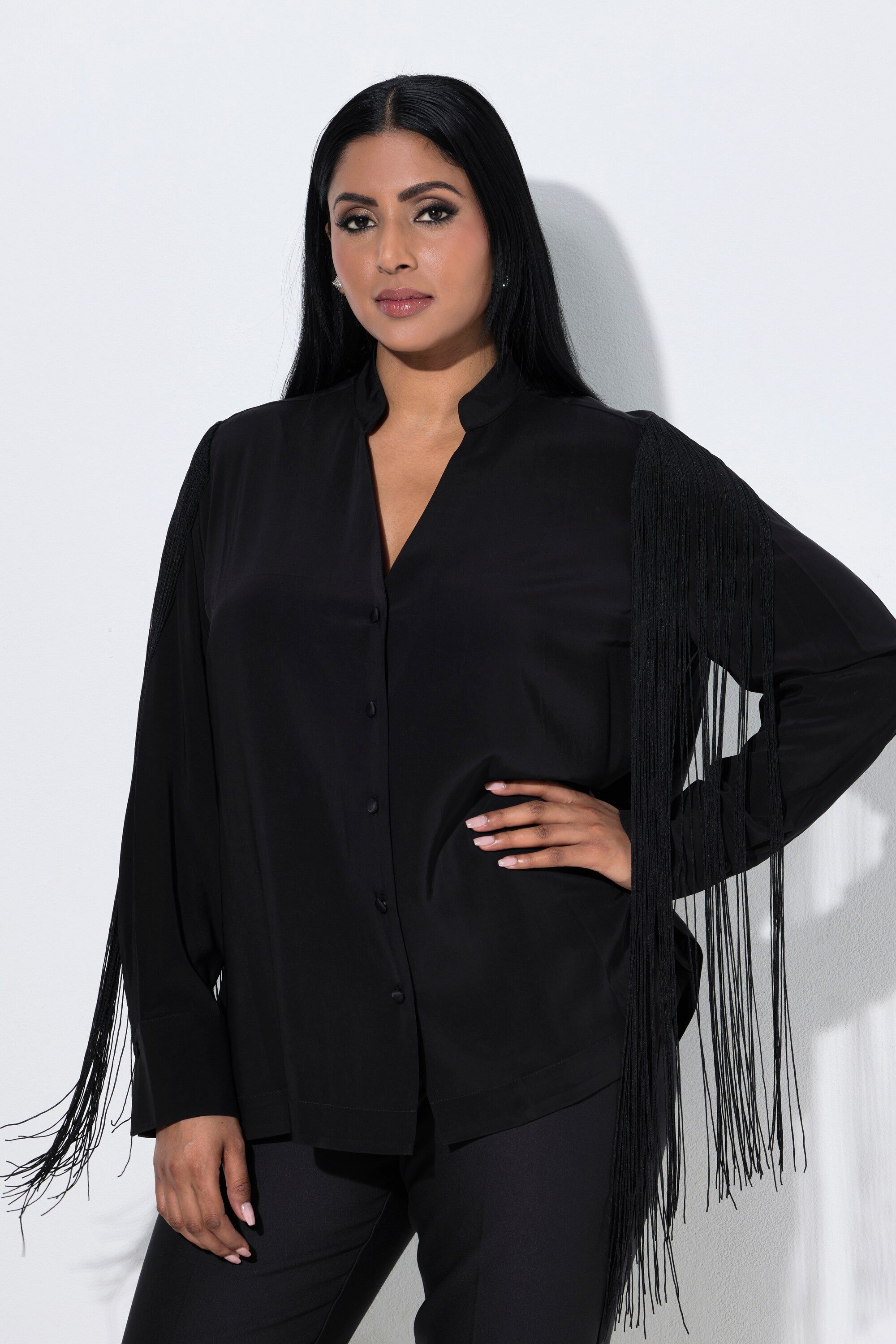 Ulla Popken Longbluse Cupro-Bluse Schulterfransen Stehkragen Langarm