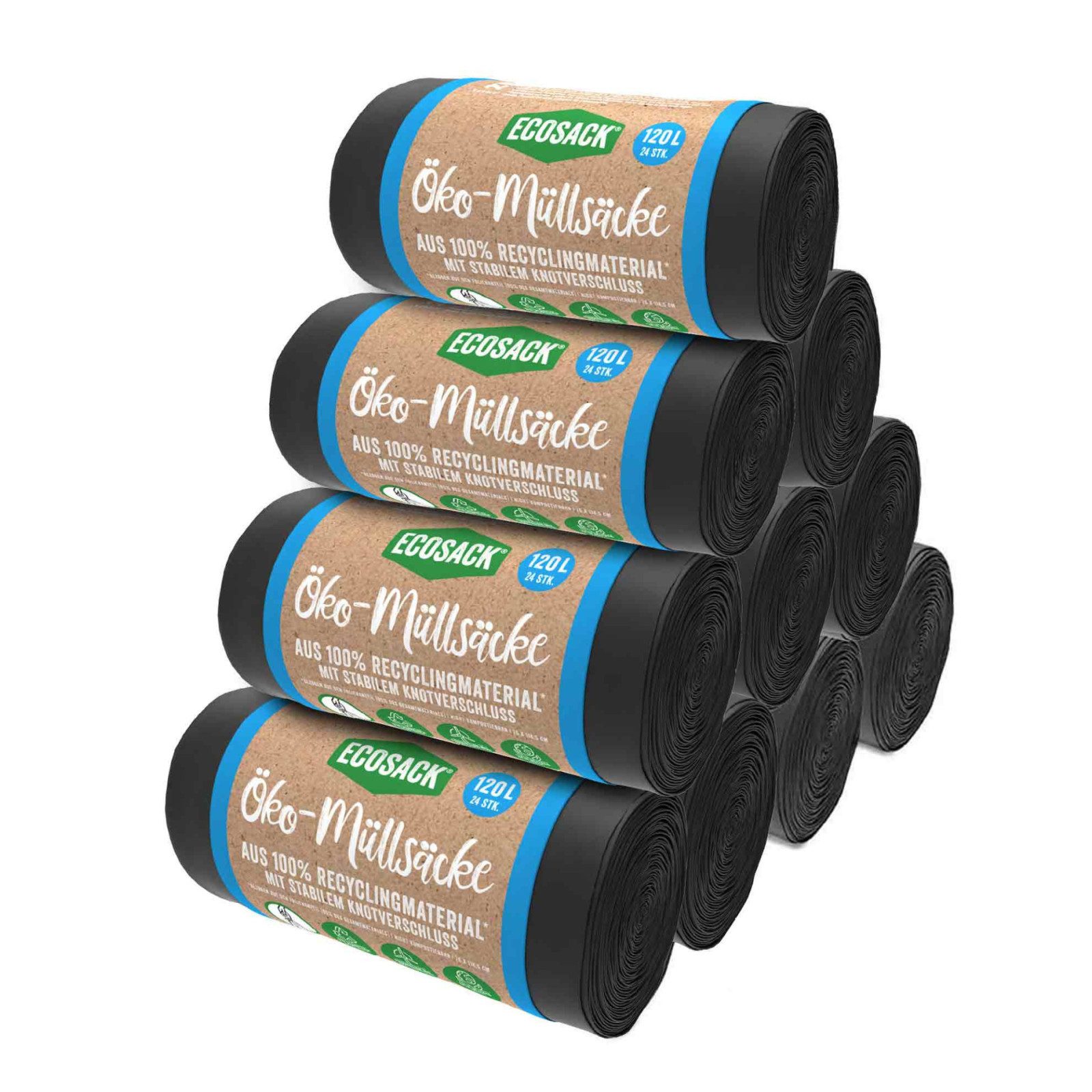 ECOSACK Müllbeutel Öko Mülltüten recycelte Folien 120 Liter 240 Stück schwarz blickdicht, Zubehör für Mülleimer bis 120 Liter, mit 100% Ökostrom hergestellt