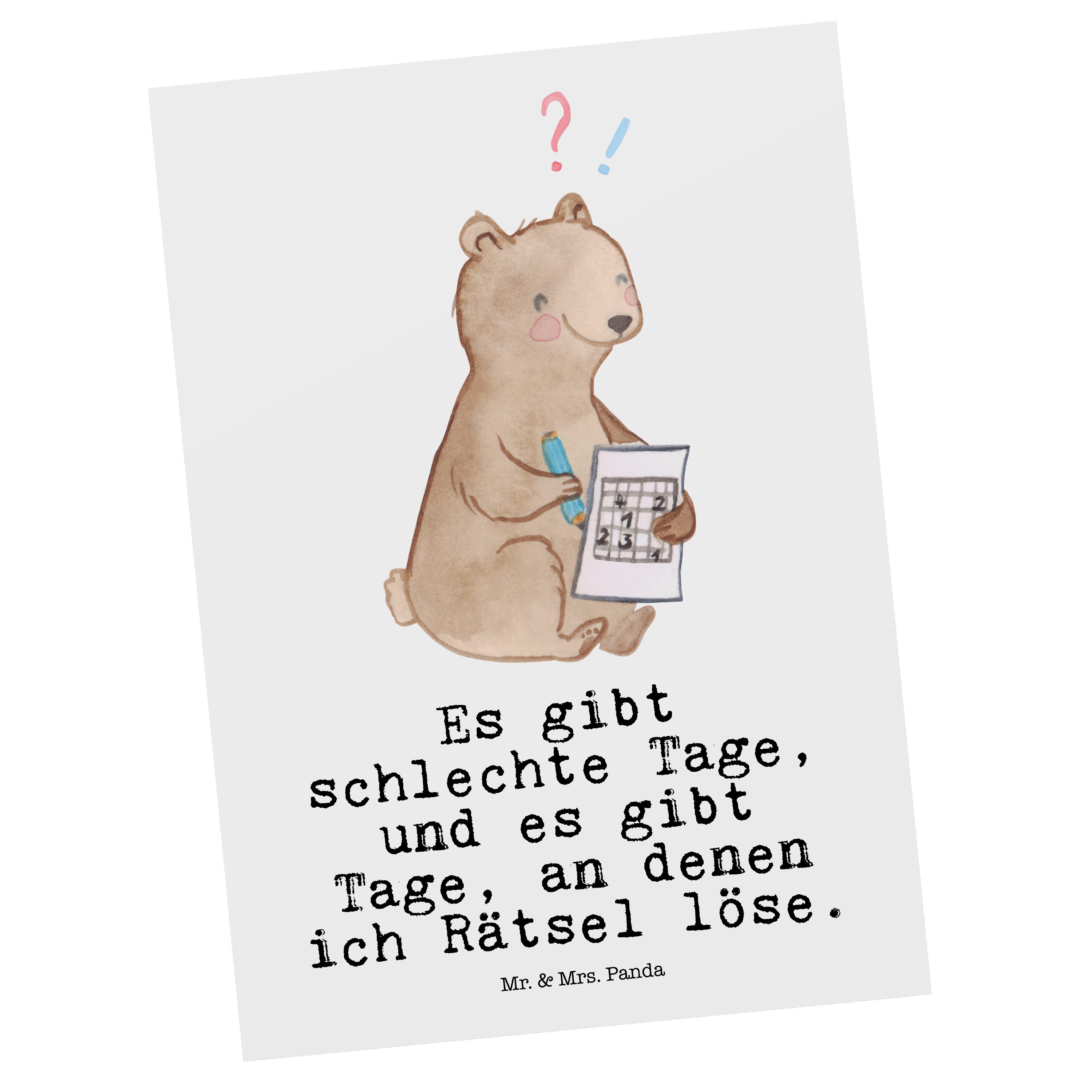 Mr. & Mrs. Panda Postkarte Bär Rätsel lösen Tage - Weiß - Geschenk, Geburtstagskarte, Schenken