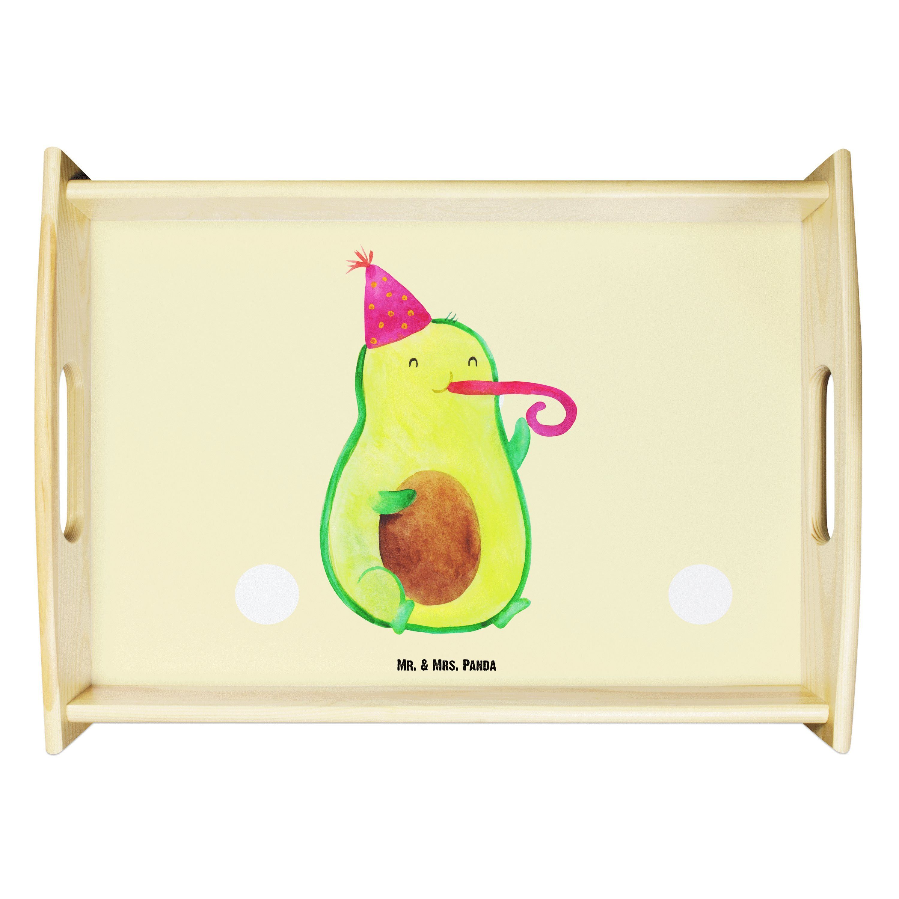 Mr. & Mrs. Panda Tablett Avocado Party Time - Gelb Pastell - Geschenk, Vegan, Lebensfroh, Glüc, Echtholz lasiert, (1-tlg)
