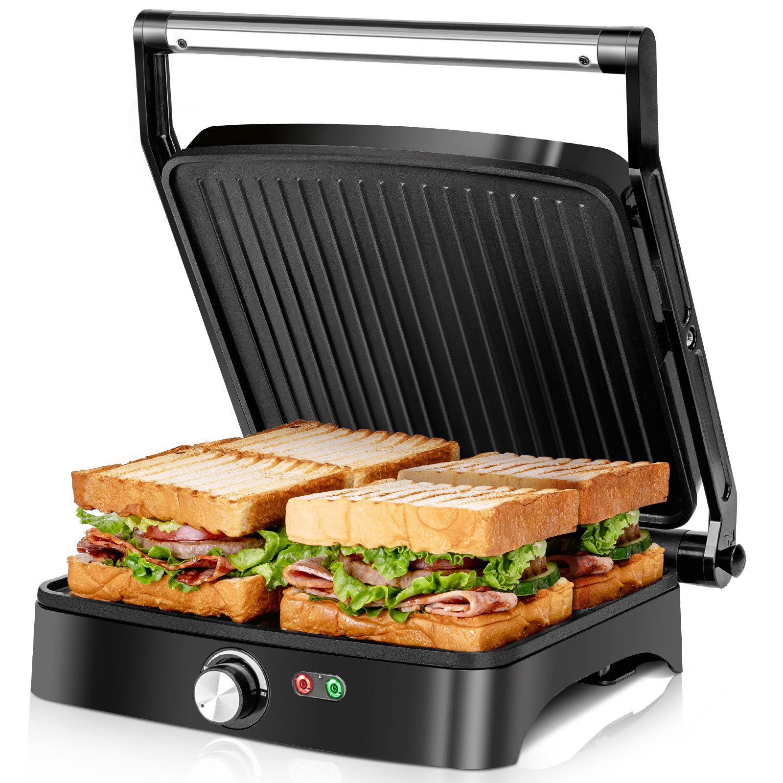 Aigostar Paninigrill Kontaktgrill/Sandwichmaker/Panini Grill 3 in 1 mit Temperaturregelung, 1800 W, 180° Flach Offen, Abnehmbare Tropfschale, Anzeigelampe