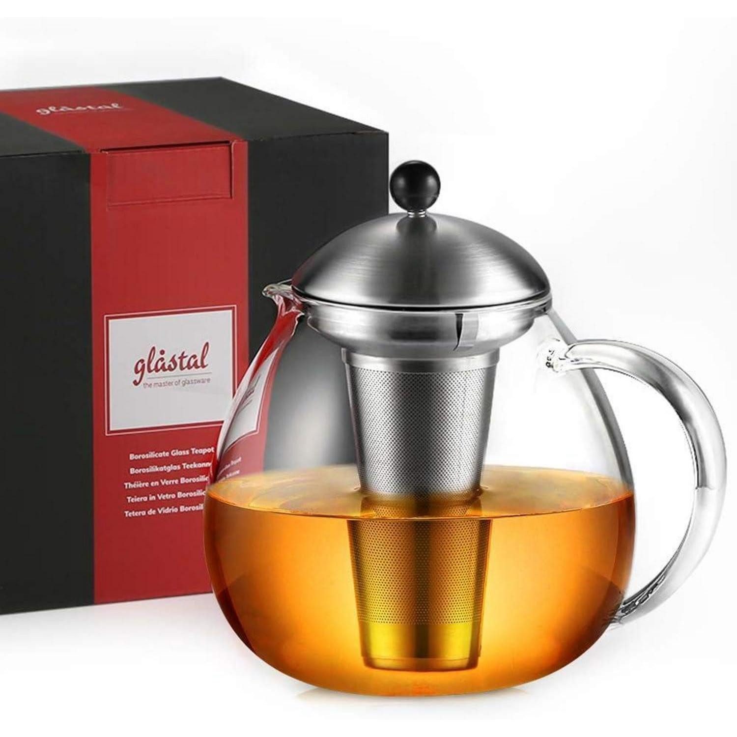 glastal Teekanne Silberne Glas Teekanne 1500ml mit Edelstahl Teesieb für Teebereiter