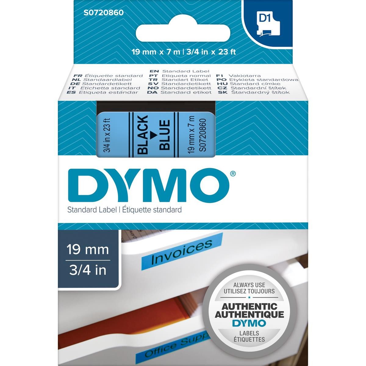 Beschriftungsband Dymo D1 Schriftband 19 mm x 7 m schwarz auf blau 45806