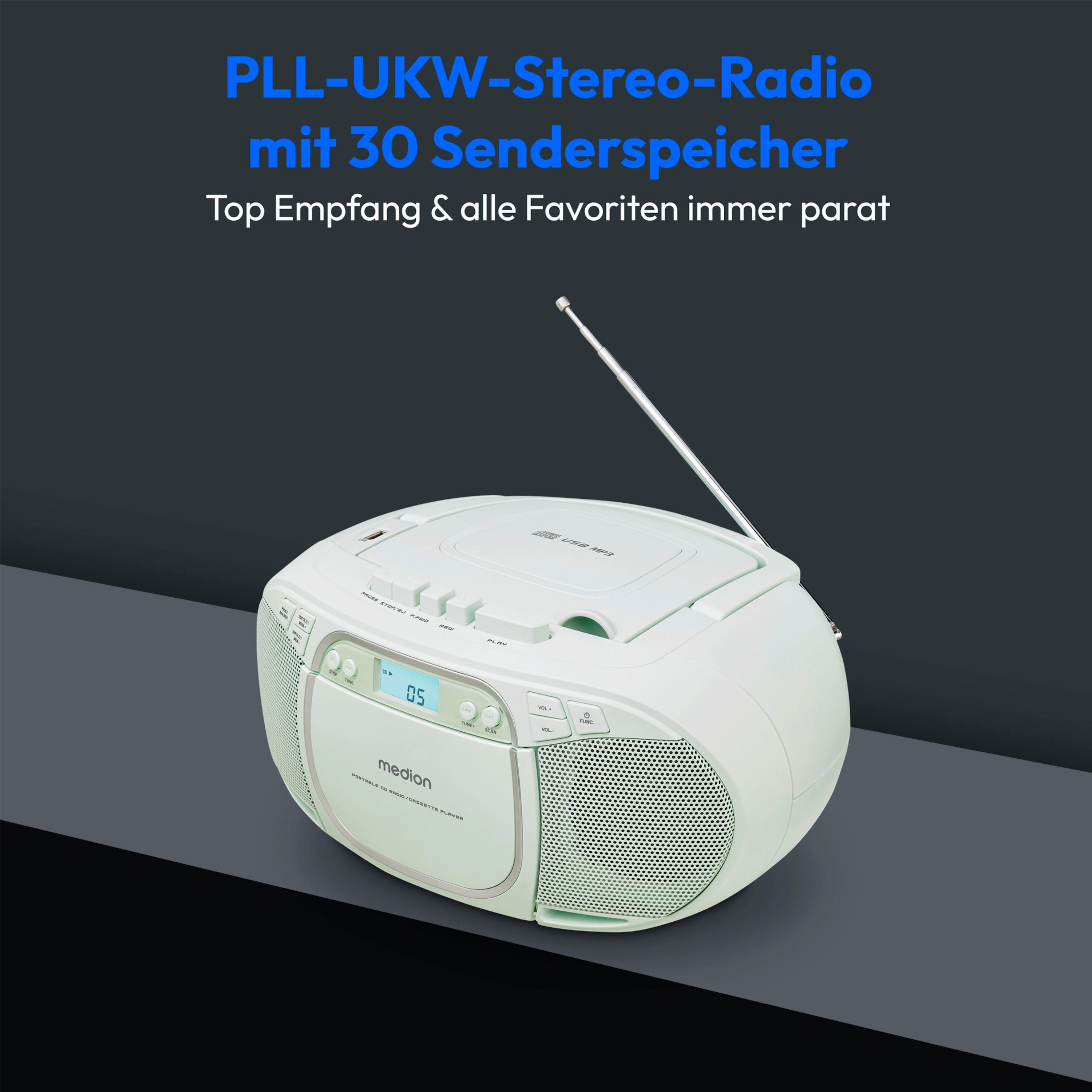 Medion® Kassetten Player (An/Aus Anzeige, Audiokassetten, AUX-Eingang, Batteriebetrieben, CD-Player, CD-R-Wiedergabe, CD-RW-Wiedergabe, FM-Radio, Digitalanzeige, Kassettenwiedergabe, USB, Tragbar, Stereo, Radio, MP3 CD-Wiedergabe, On/Off Switch, MW/UKW Radio, Netzbetrieben, Lautstärkeregelung, 2x 20W max., LC-Display, 30 Senderspeichern, USB)