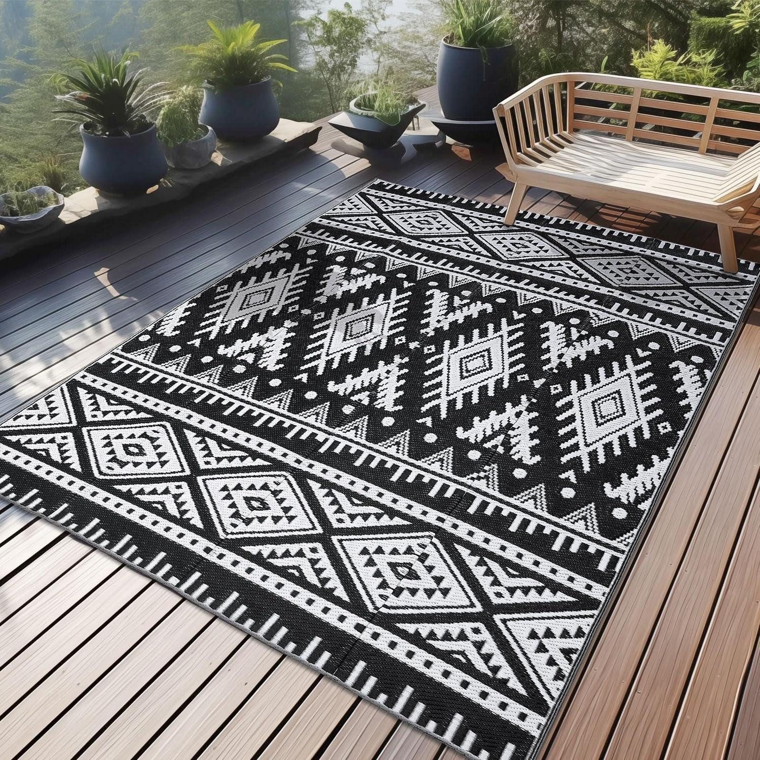 LuxusKollektion Outdoorteppich Outdoor Teppich Wetterfest 120x180cm Schwarz Weiß, rechteckig, Höhe: 10 mm