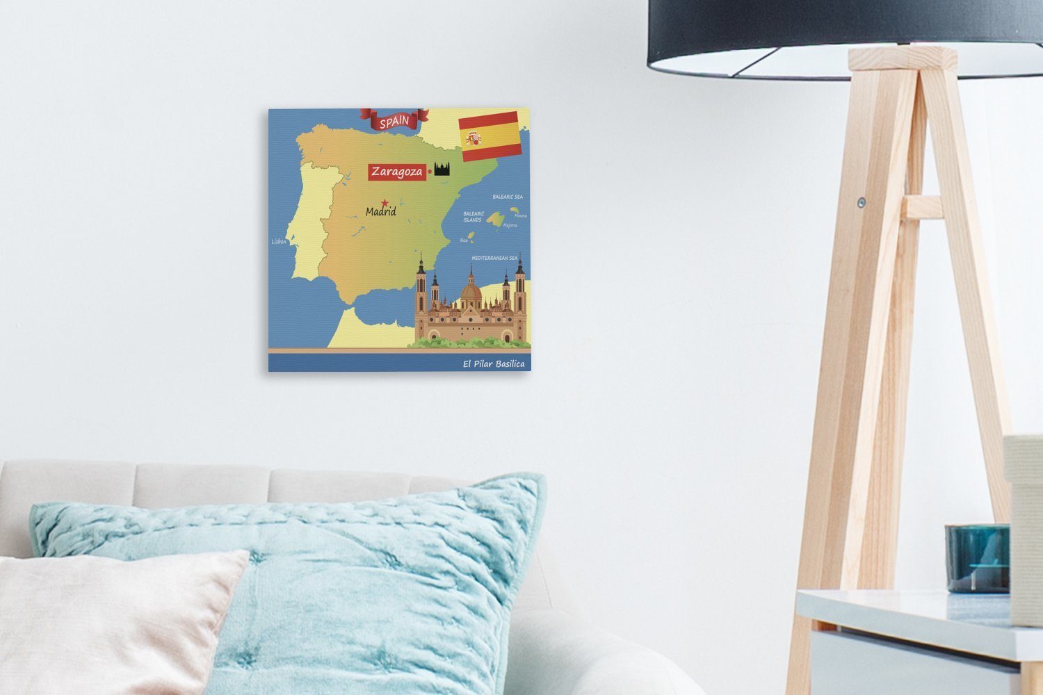 Spanien OneMillionCanvasses® Zaragoza, Bilder Illustration für Karte Leinwand St), der von (1 mit Wohnzimmer Leinwandbild Schlafzimmer