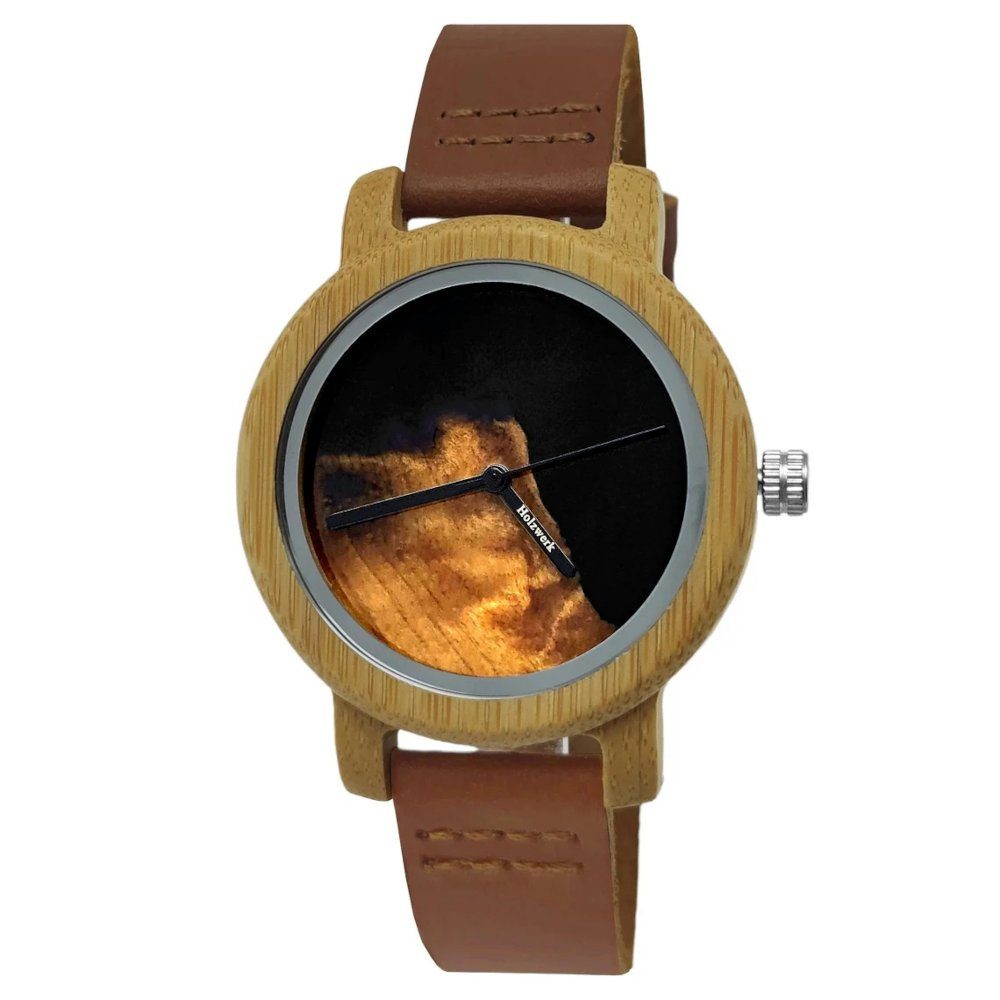 Holzwerk Quarzuhr GARBSEN kleine Damen Leder & Epoxidharz Holz Uhr, braun, schwarz